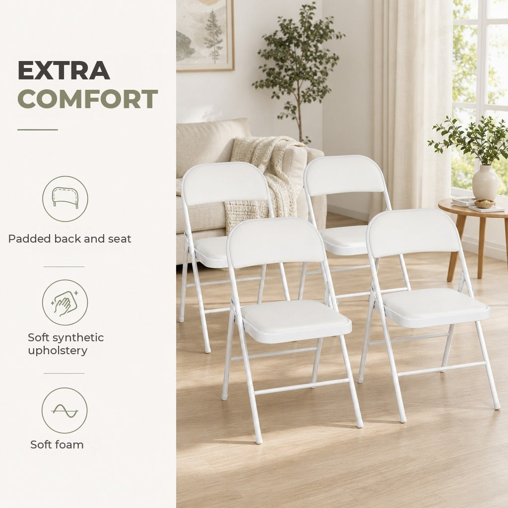 Conjunto de 4 Cadeiras Dobráveis Cadeiras Dobráveis com Encosto e Estrutura de Aço para Sala de Estar Escritório Estúdio 45x46x78 cm Branco — Características | Features