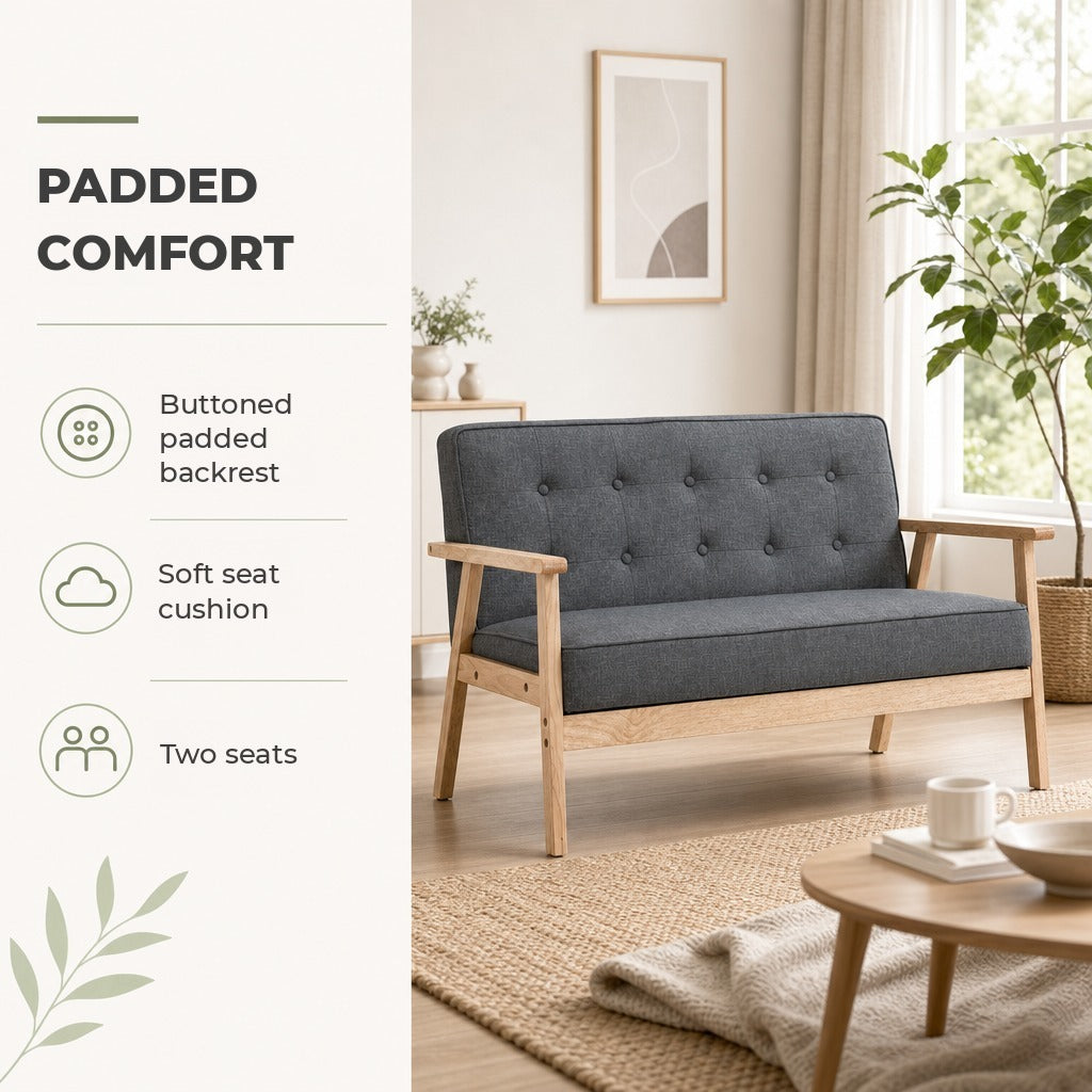 Sofá de 2 Lugares com Encosto e Almofadas Acolchoados Pés de Madeira Antiderrapantes para Sala de estar Dormitório Oficina 114x66x69 cm Cinza — Características | Features