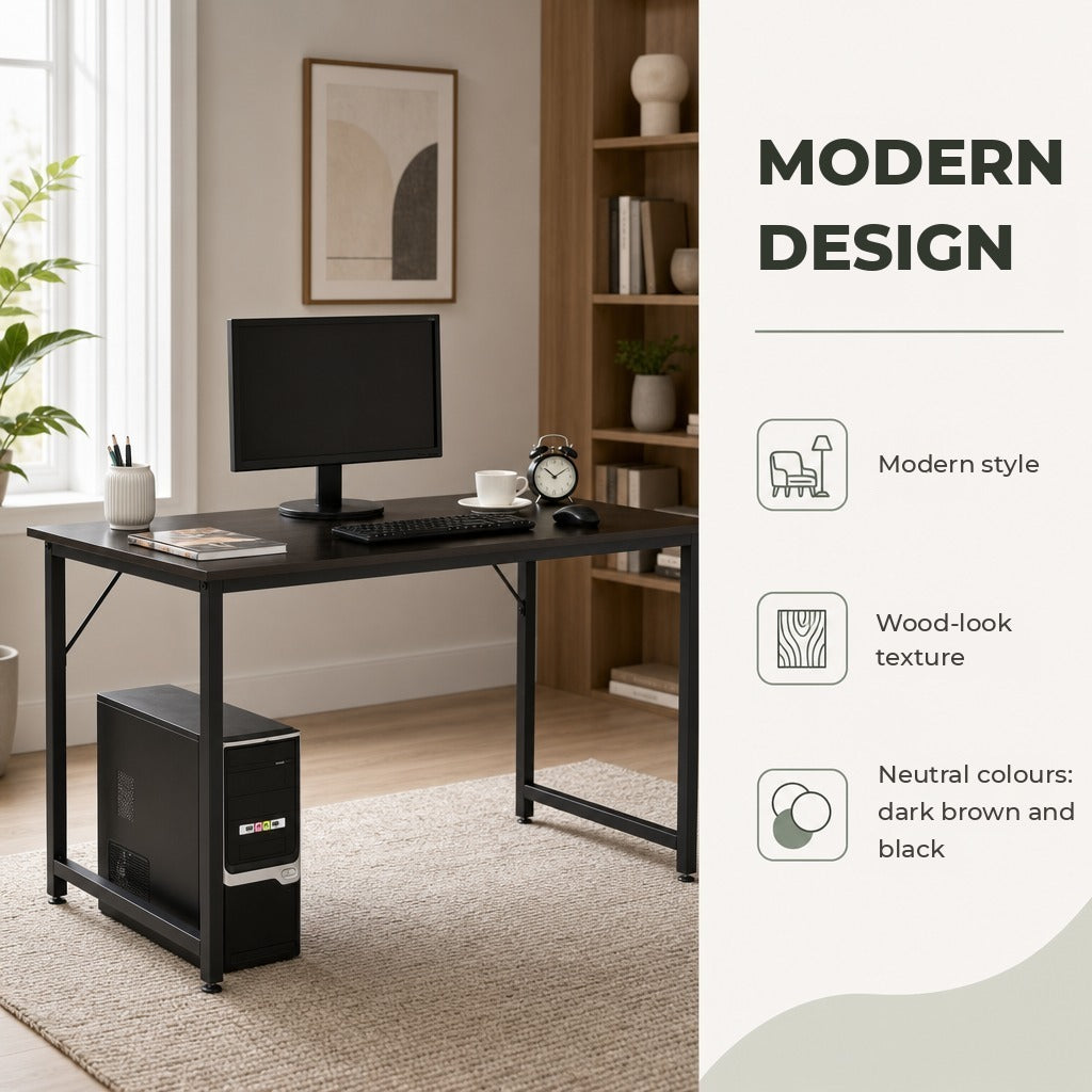 Secdretária Mesa de Computador com Pés Ajustáveis e Estrutura em Aço Secretária Estilo Moderno Capacidade de Carga 70 kg 120x60x73 cm Marrom Escuro e Preto — Características | Features