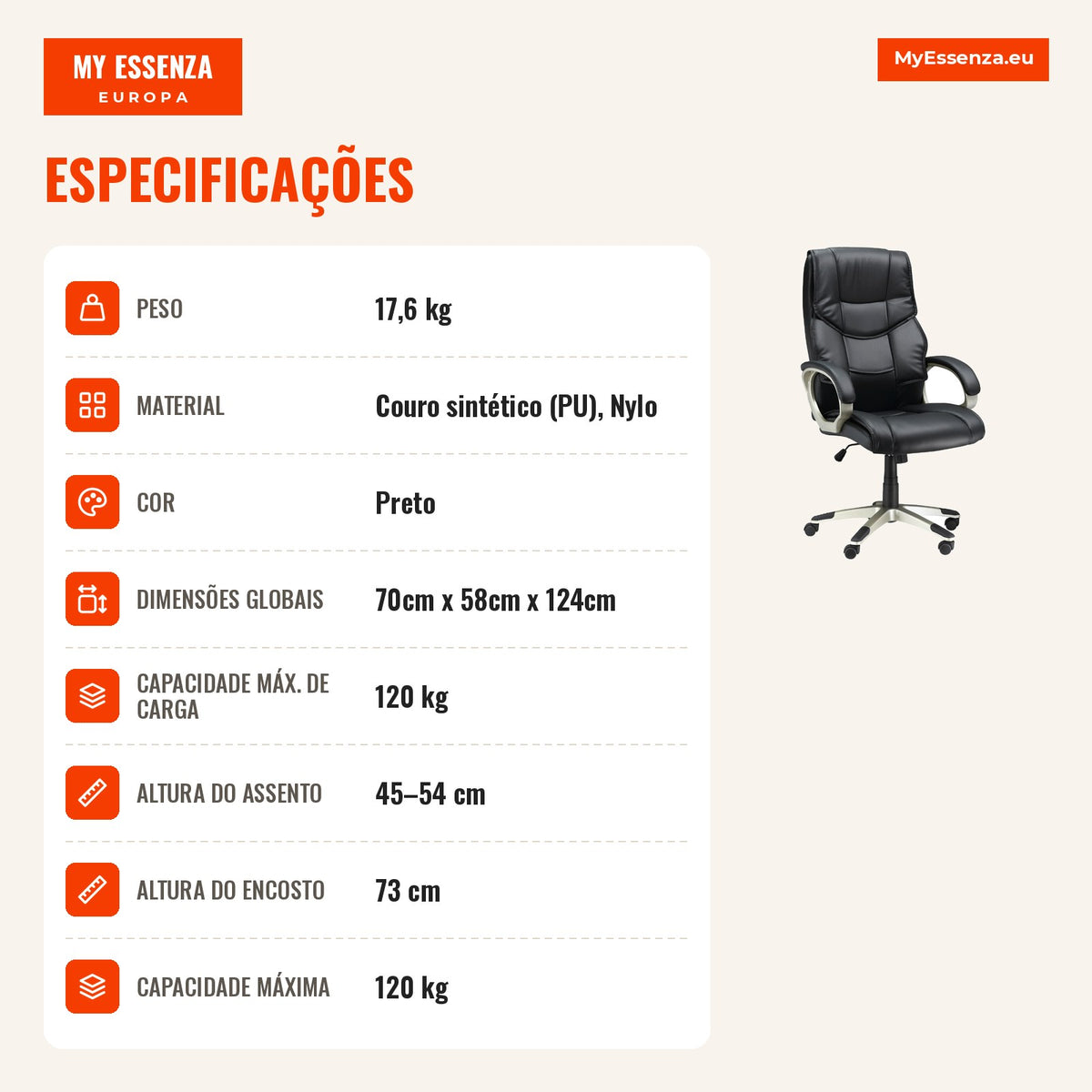 Cadeira de Escritório Poltrona Executiva com Função de Balanço Cadeira Giratória Ergonômica Assento Estilo Esportivo Encosto Alto Couro Sintético Metal 70x58x114–124 cm Preto — infografia 3