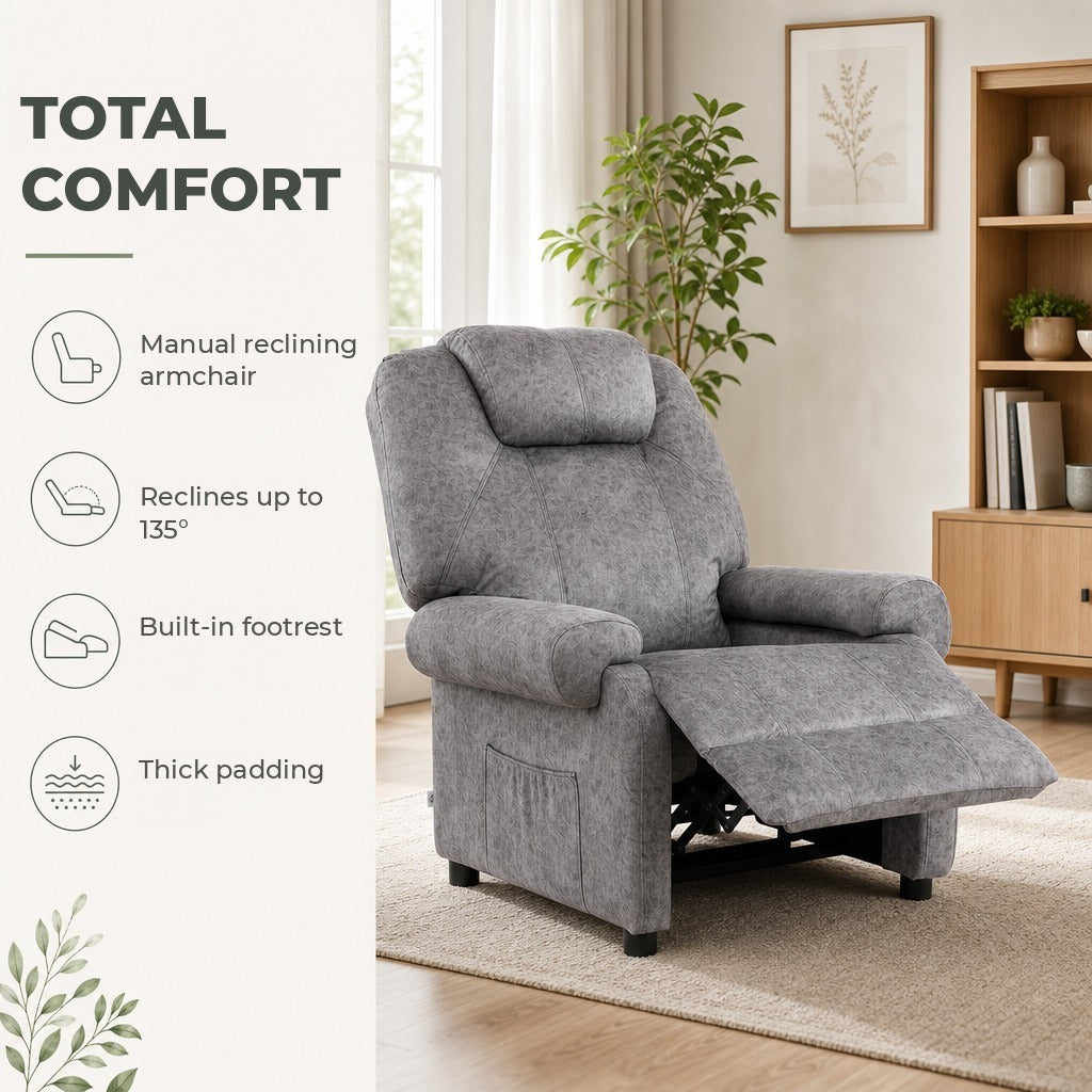 Poltrona Relax Reclinável Poltrona para Sala de Estar com Apoio para os Pés Retrátil Encosto Alto Bolso Lateral Acolchoado Grosso 88x91x108 cm Cinzento — Características | Features