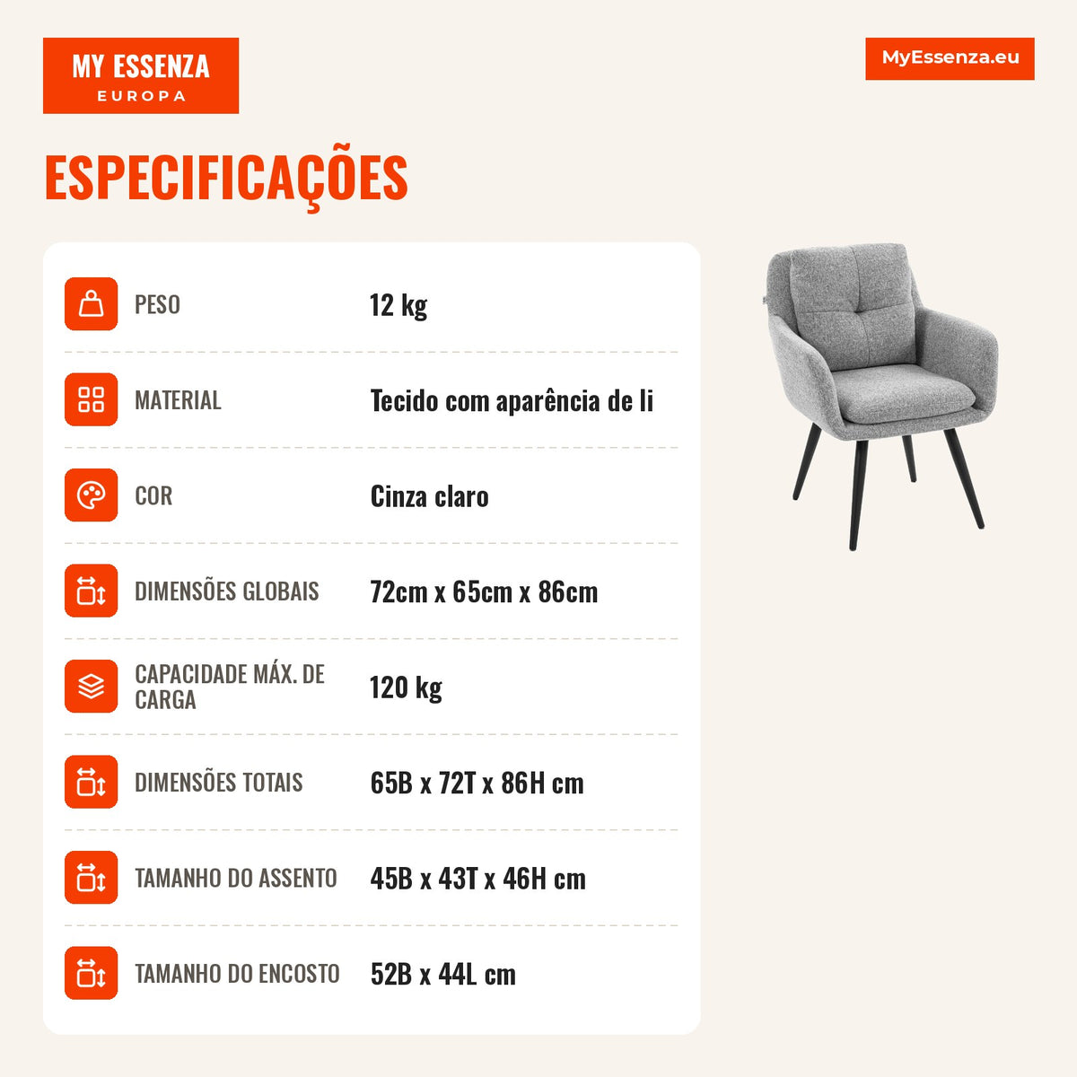 Poltrona de destaque moderna, estofada, com pernas de metal, visual linho, Cinza claro — infografia 3