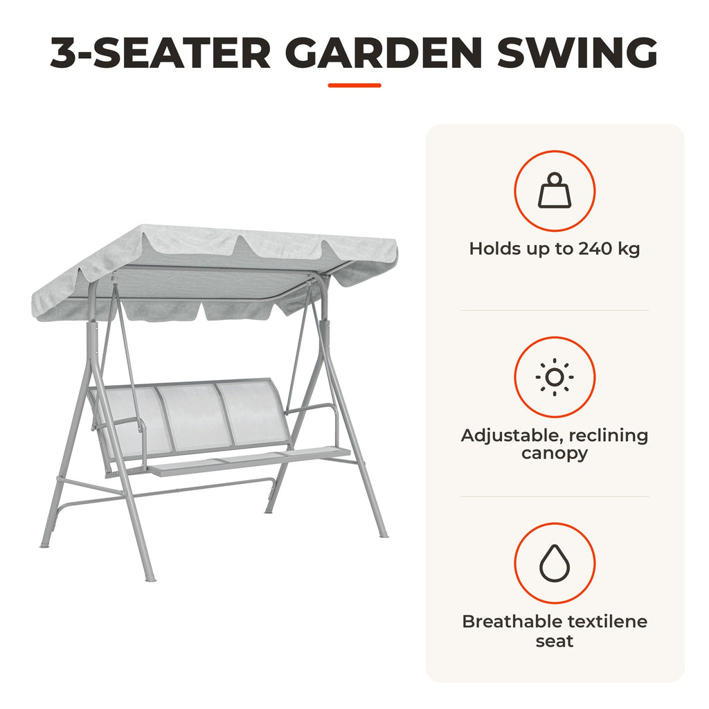 Baloiço de Jardim Exterior de 3 Lugares com Toldo Ajustável, Encosto Respirável e Estrutura Metálica para Terraço e Varanda, Suporta até 240 kg, 171x108x154 cm, Cinzento — Características | Features