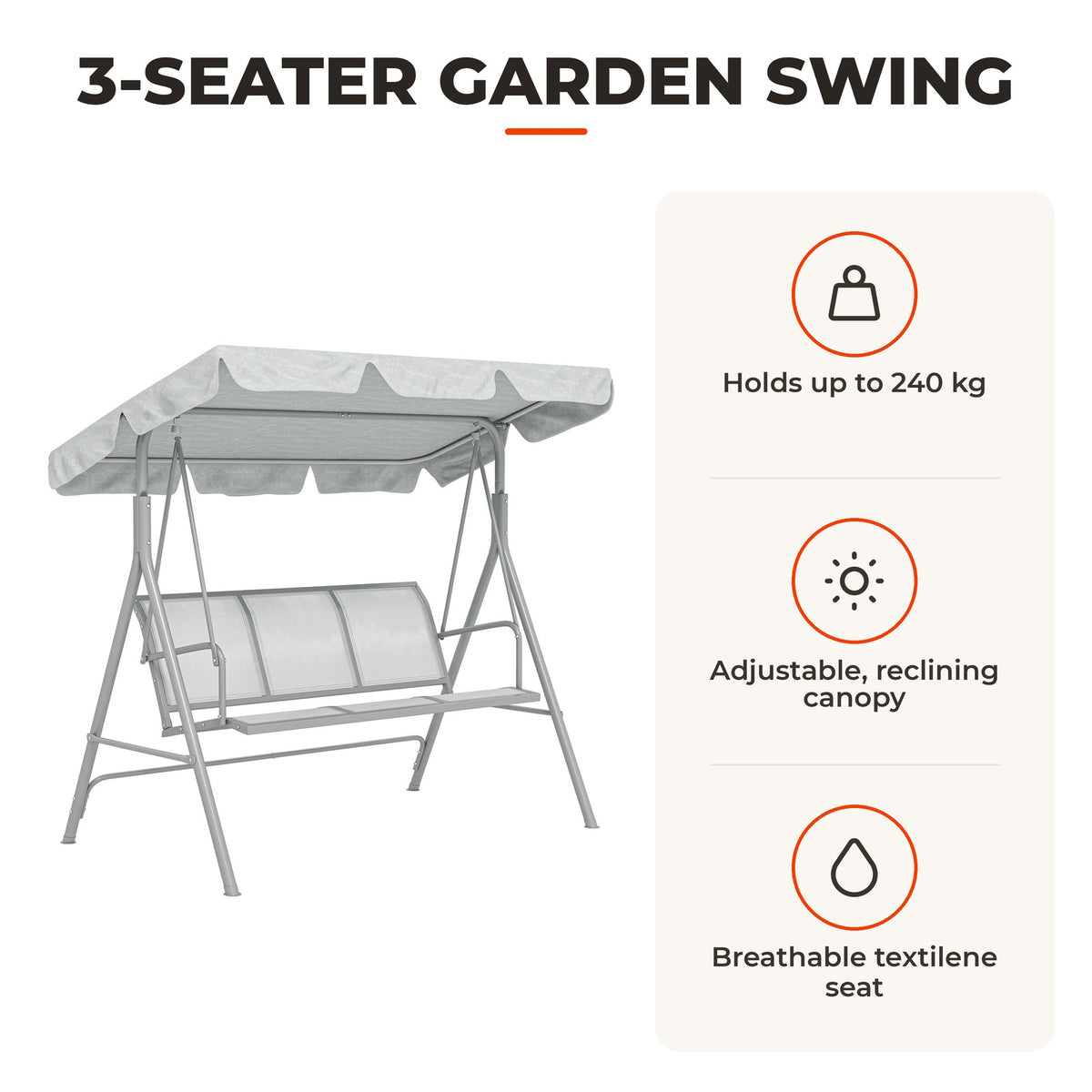 Baloiço de Jardim Exterior de 3 Lugares com Toldo Ajustável, Encosto Respirável e Estrutura Metálica para Terraço e Varanda, Suporta até 240 kg, 171x108x154 cm, Cinzento — Características | Features