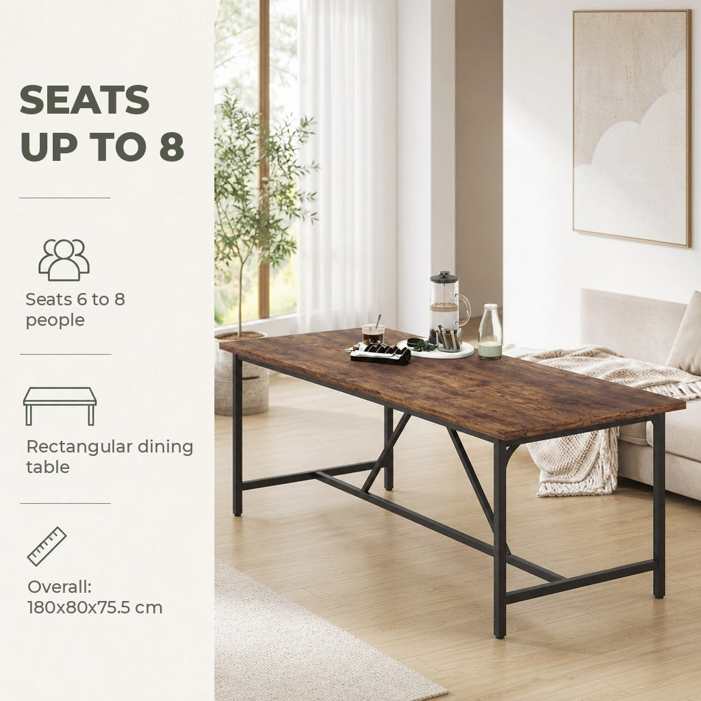 Mesa de Refeição Retangular para 6-8 Pessoas Mesa de Cozinha Industrial com Bancada Grosso e Pés de Metal 180x80x75,5 cm Castanho Rústico — Características | Features