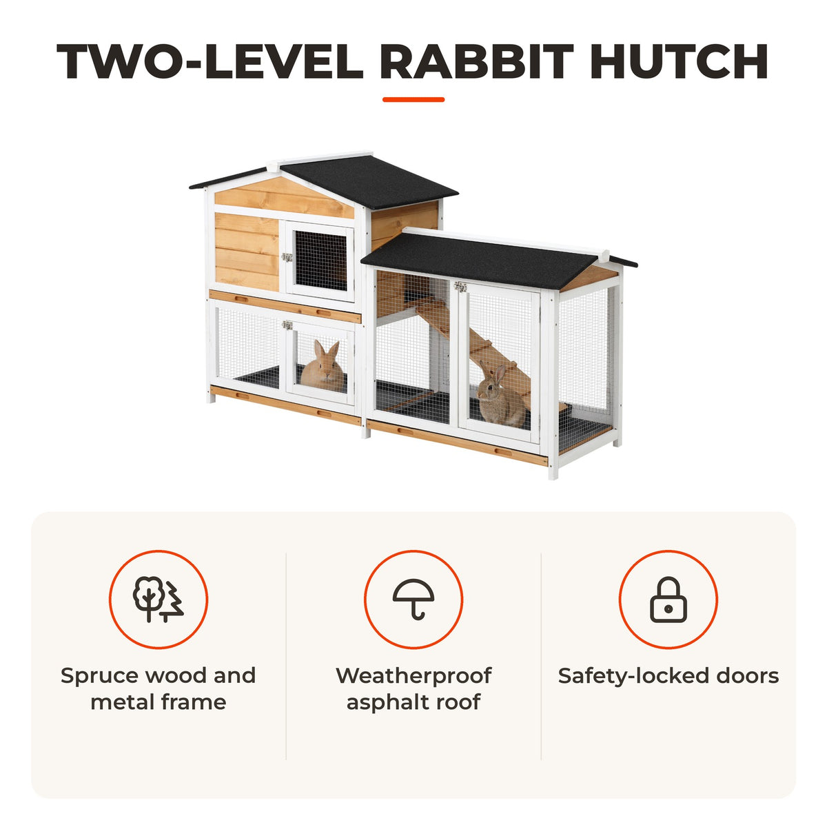 Coelheira de Madeira Exterior Gaiola para Coelhos de 2 Níveis com Teto Asfáltico 2 Cercados de Metal Bandeja Removível 3 Portas e Rampa 157,4x53x93,5cm Natural — Características | Features