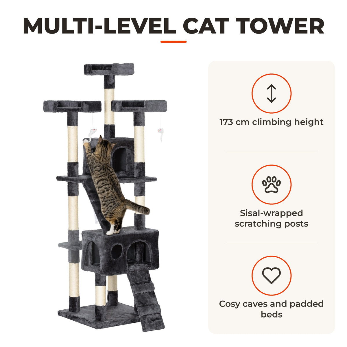 Arranhador para Gatos Grande 49x49x173 cm com Múltiplos Níveis Cavernas Brinquedos Suspensos Centro de Atividades de Sisal Cinza — Características | Features