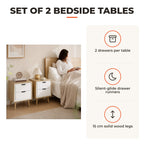 Conjunto de 2 Mesas de Cabeceira Modernas com 2 Gavetas de Deslizamento Silencioso Pés de Madeira para Quarto Sala de Estar 40x35x50 cm Branco Brilhante e Carvalho — Características | Features