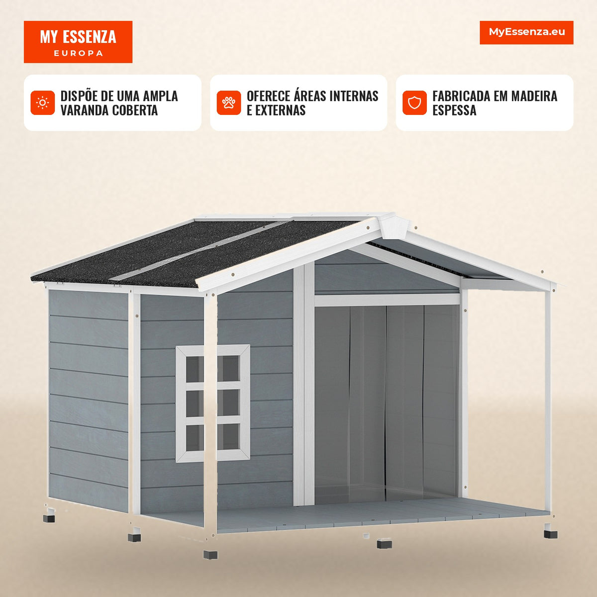 Casota para Cães Resistente às Intempéries Elevada em Madeira com Telhado de Betume Terraço para Cães de Porte Médio 103x107x83,5 cm Cinza — infografia 3