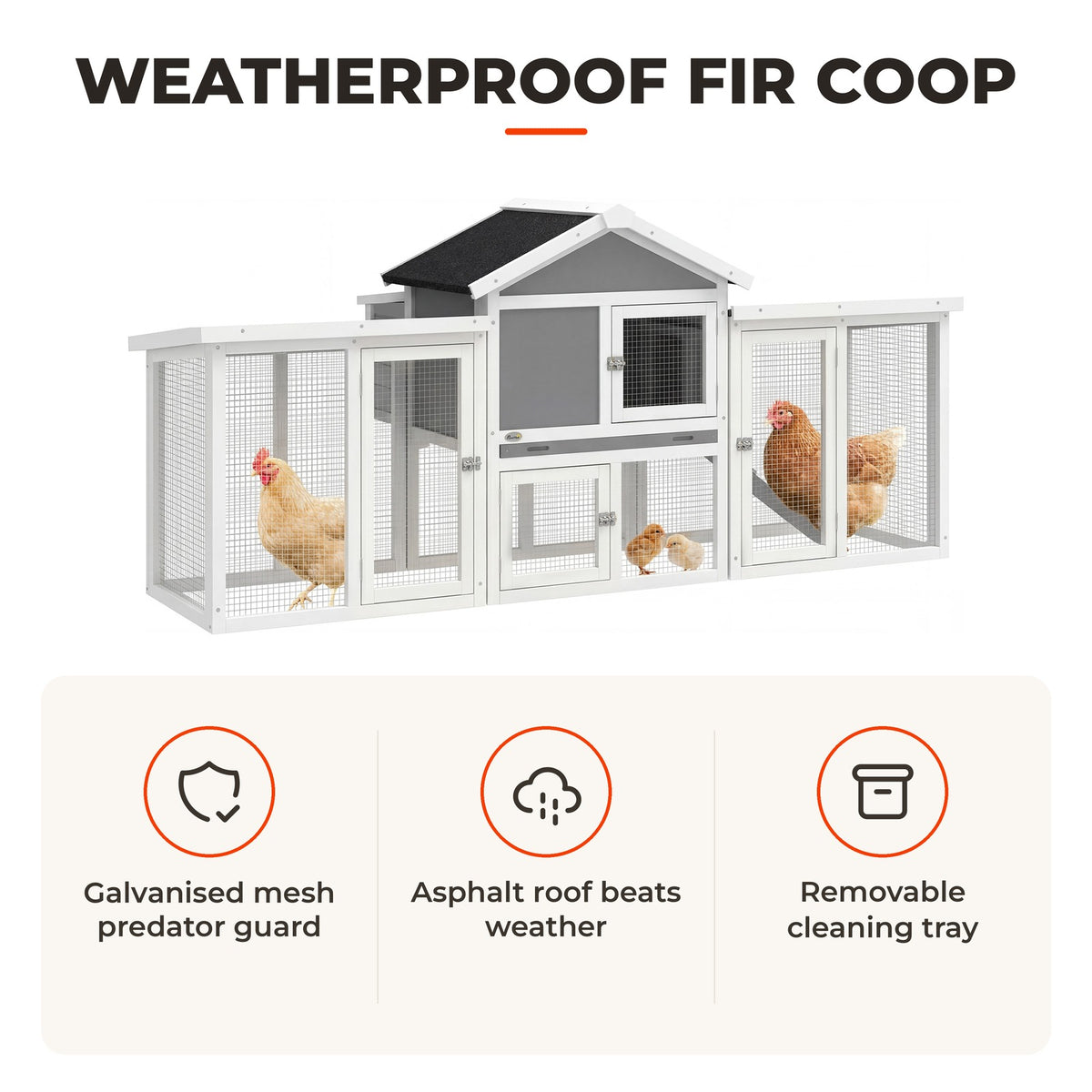 Galinheiro Grande para Exterior de Madeira 204x85x93 cm com Caixa de Nidificação Cercado Bandeja Removível Telhado Impermeável, Rampa e Poleiro Cinzento — Características | Features