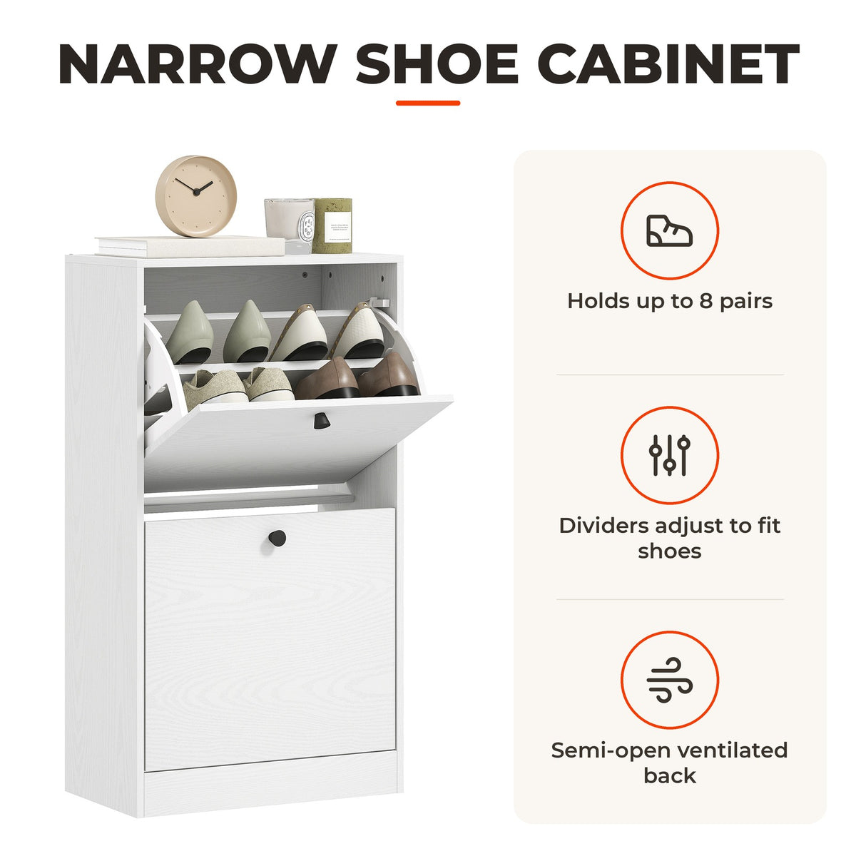 Sapateira Estreita Móvel Sapateira de Entrada com 2 Gavetas Abatíveis e Prateleiras Ajustáveis para 8 Pares de Sapatos Armário para Sapatos para Corredor 47x26x85 cm Branco — Características | Features