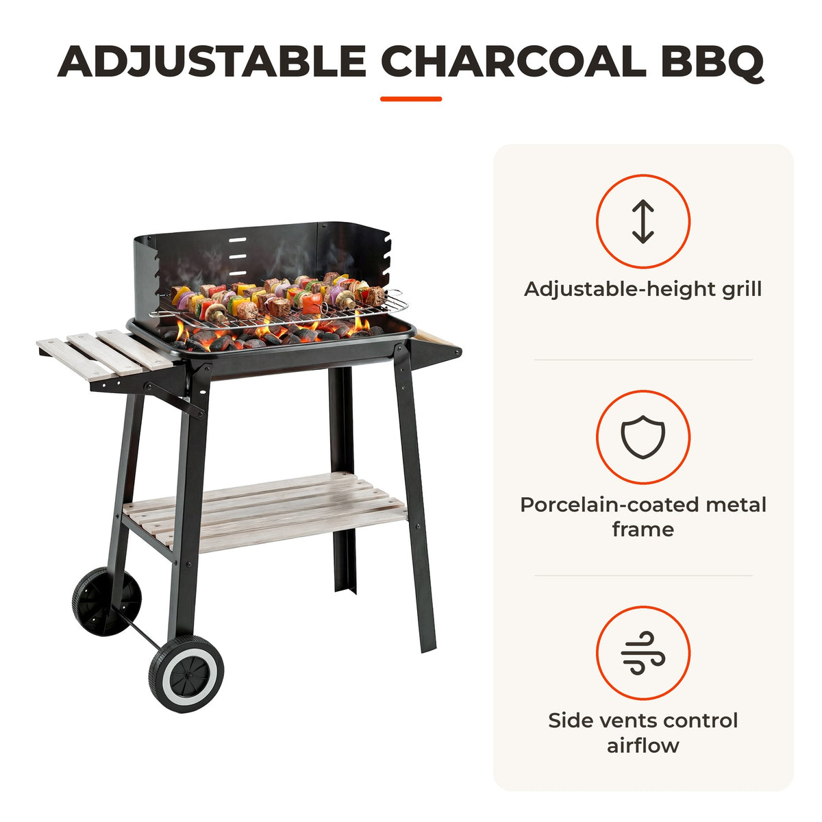Barbecue a Carvão com Grelha Ajustável em Altura Prateleiras e Rodas para Jardim Exterior Campismo 83x45x87 cm Preto — Características | Features