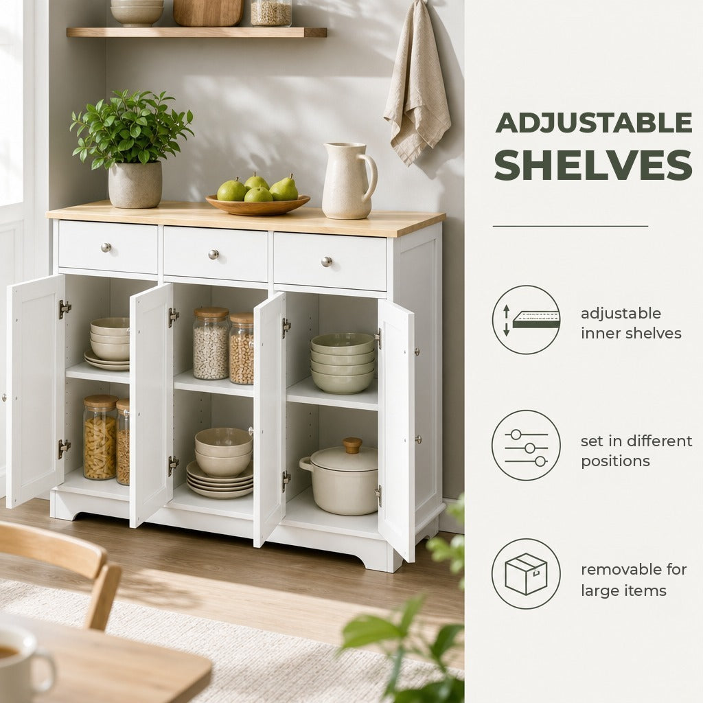 Aparador de Cozinha com 3 Gavetas 3 Portas e Prateleiras Ajustáveis Móvel Auxiliar de Armazenamento para Cozinha Sala de Estar Estilo Moderno Anti-Rolamento 101x40x85cm Branco — Características | Features