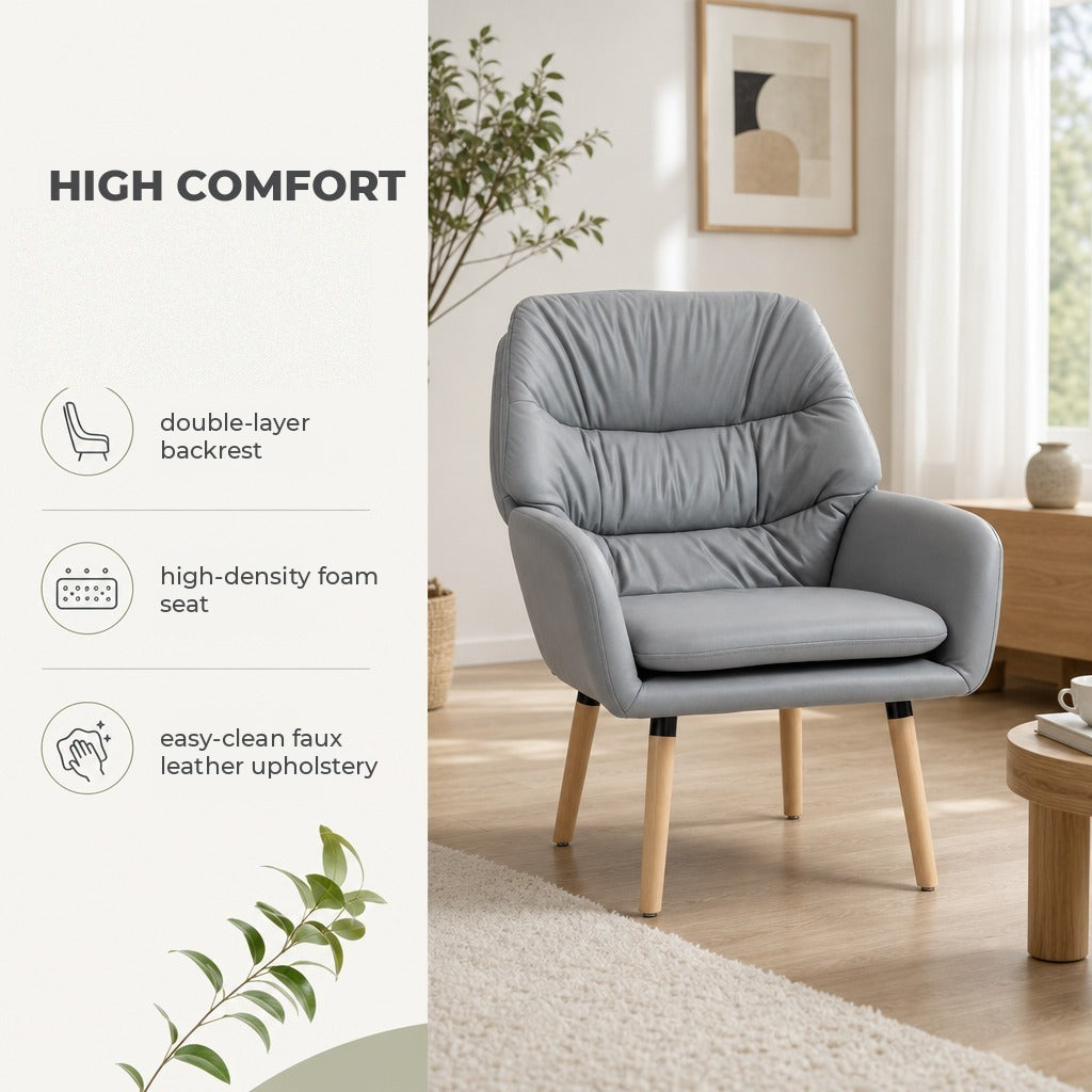 Poltrona de Sala de Estar Moderna Acolchoada de Dupla Camada Estofada em Couro Sintético Pés de Madeira 68x74x89 cm Cinza — Características | Features