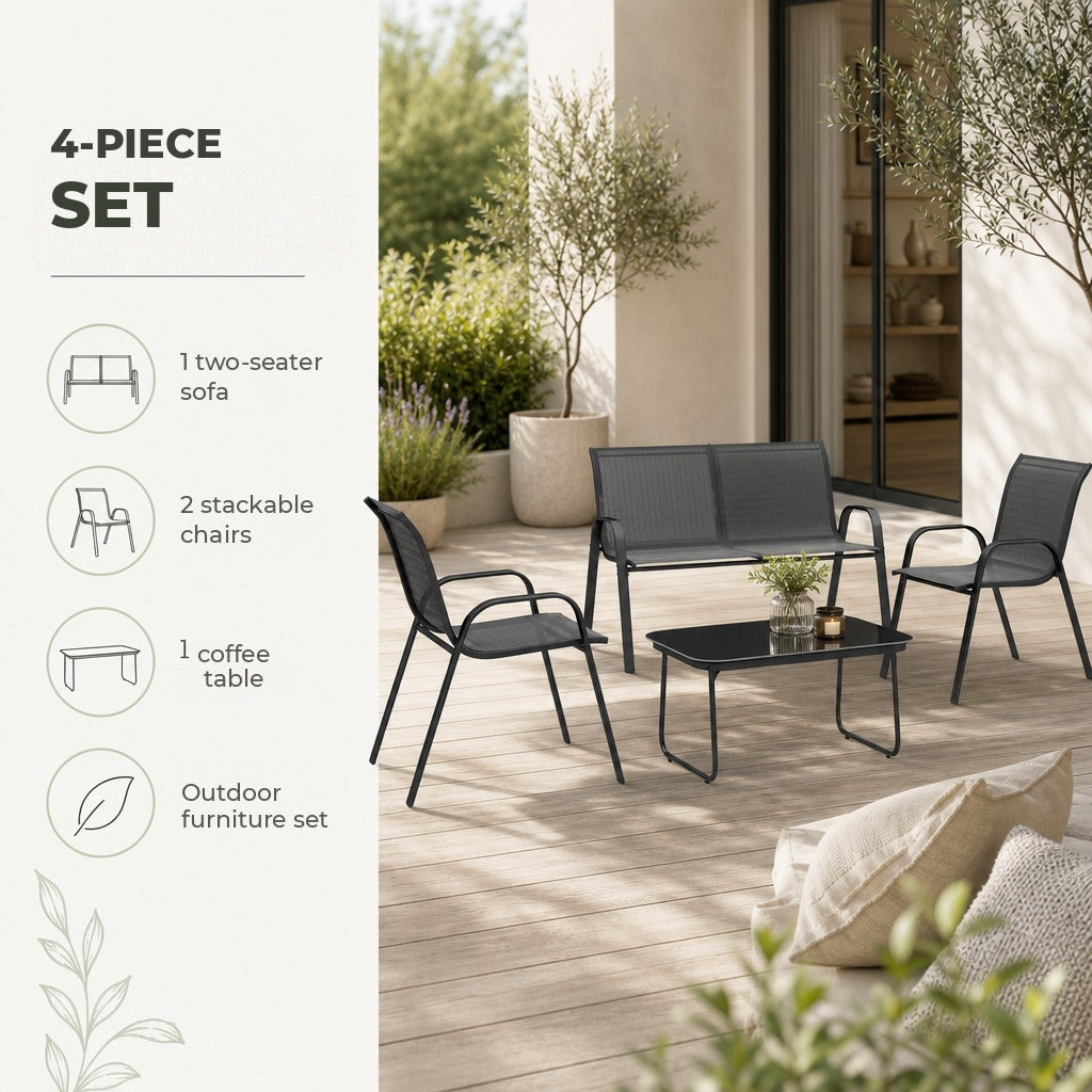 Conjunto de Jardim Exterior 4 Peças Móveis para Jardim com 2 Cadeiras Empilháveis 1 Sofá de 2 Lugares e Mesa de Centro com Bancada de Vidro Temperado Preto — Características | Features