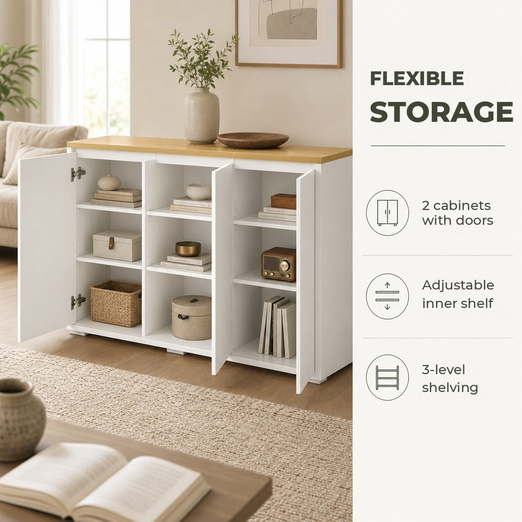Aparador de Sala de Estar Armário de Armazenamento Móvel Auxiliar de Cozinha com 3 Portas e Prateleiras Ajustáveis para Sala de Jantar Entrada 120x37x75 cm Branco e Madeira — Características | Features