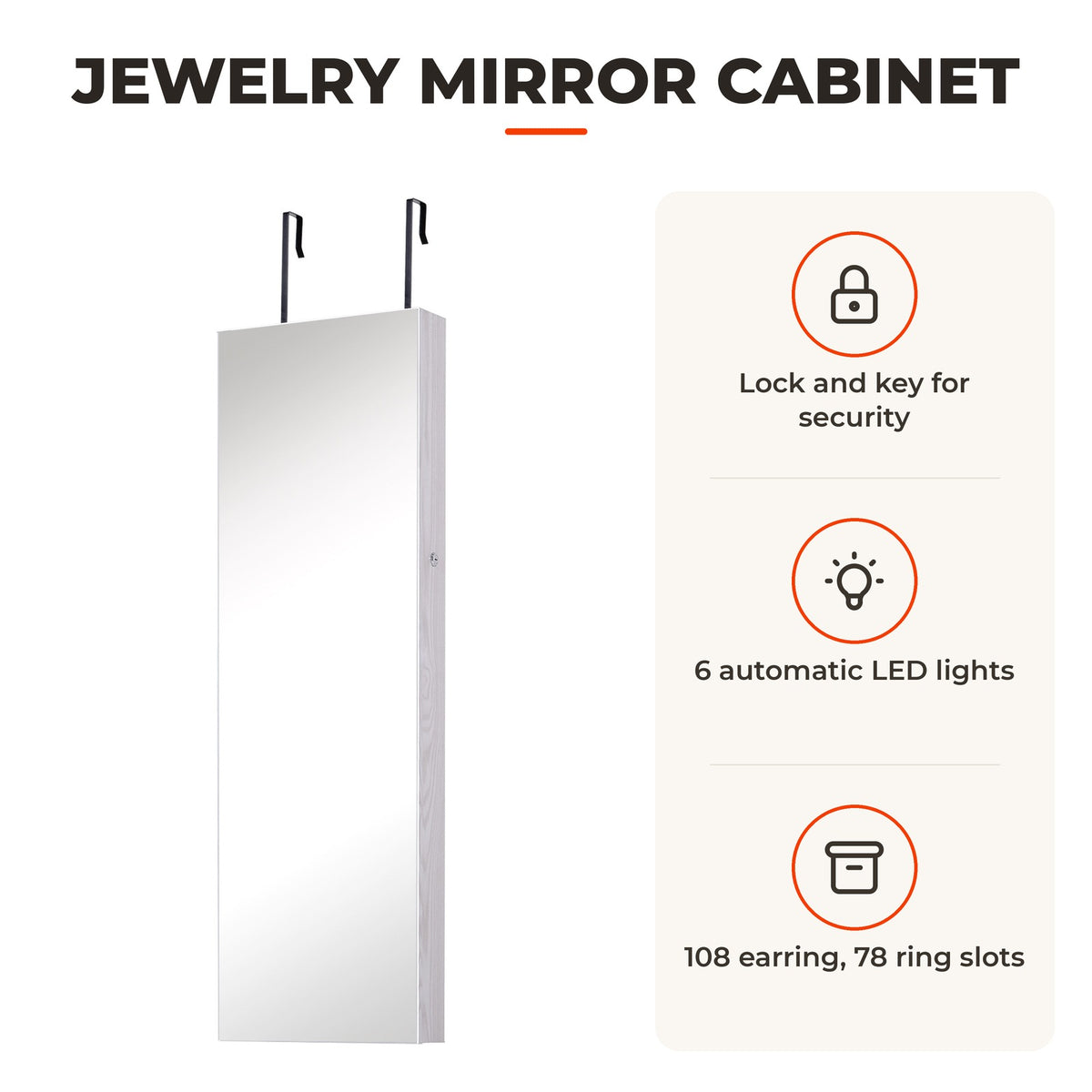 Espelho com Móvel de Bijuterias de Parede ou Porta Espelho de Parede com LED 5 Prateleiras 2 Gavetas pequenas e Fechadura 37x120x10cm Cinza Claro — Características | Features