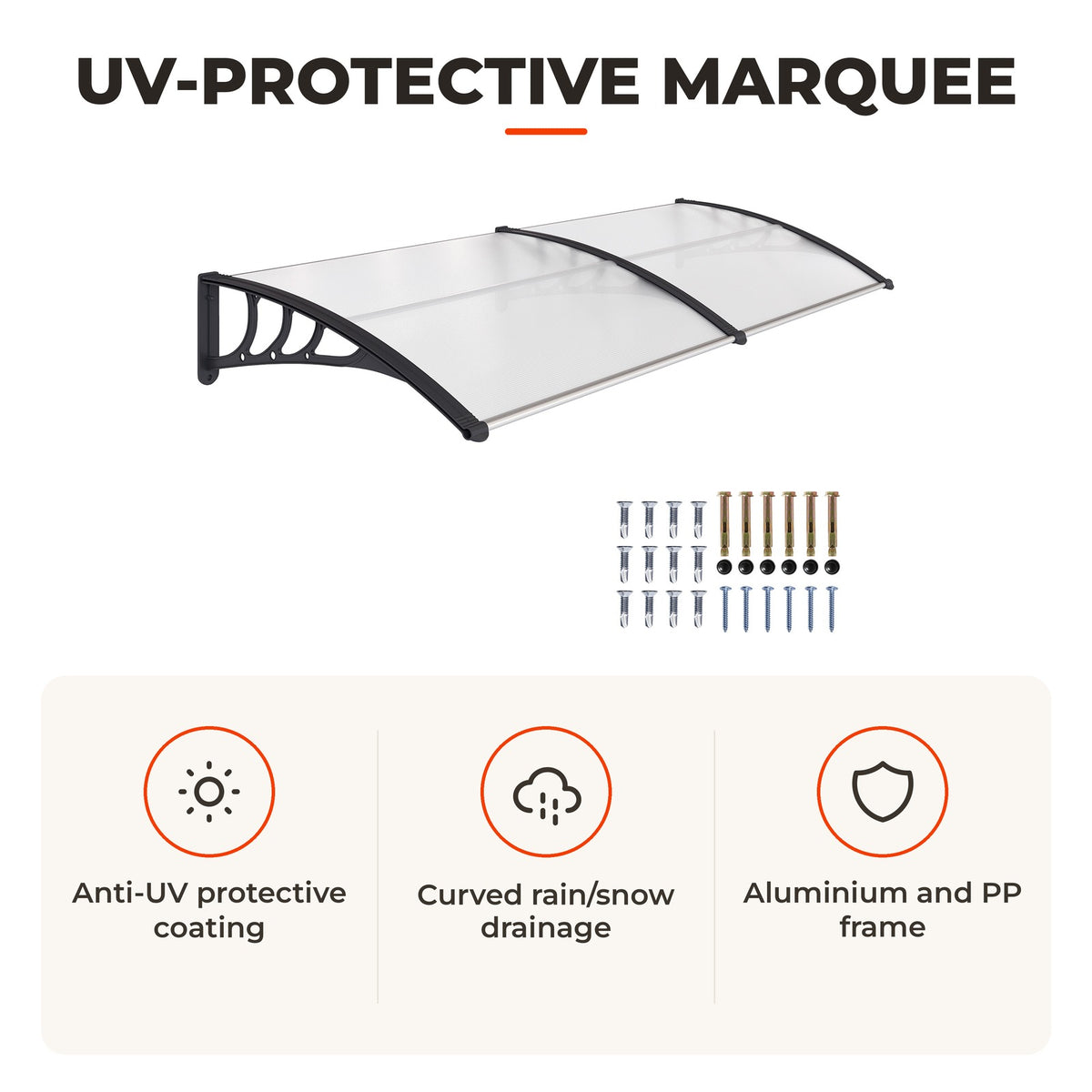Marquise para Portas e Janelas 195x75x23 cm Marquise com Proteção para Sol e Chuva com Painéis de Policarbonato Transparente — Características | Features