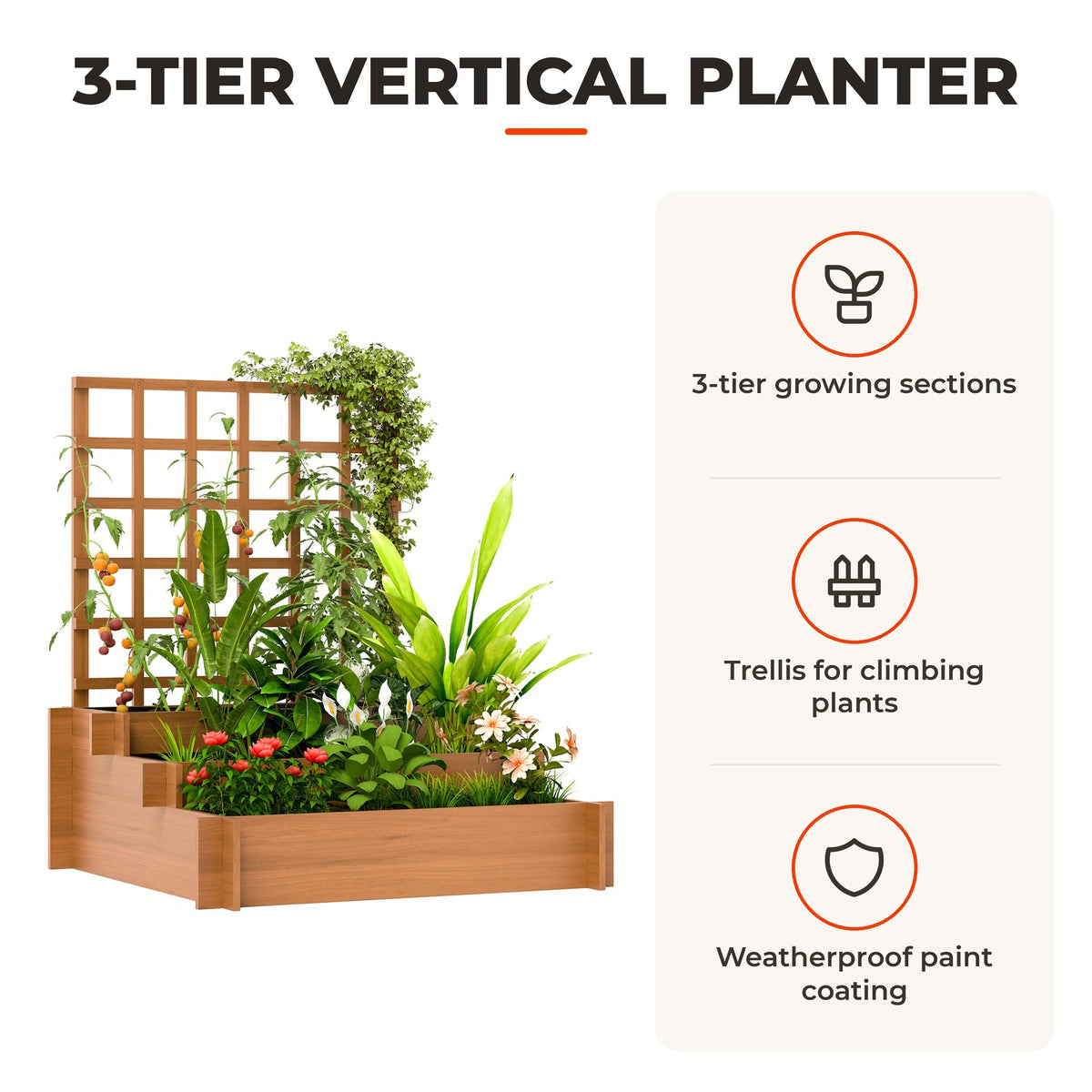 Floreira de 3 Níveis com Treliça Hortal Vertical com Tecido não Tecido para Cultivos de Verduras Flores Ervas 95x95x110 cm Castanho — Características | Features