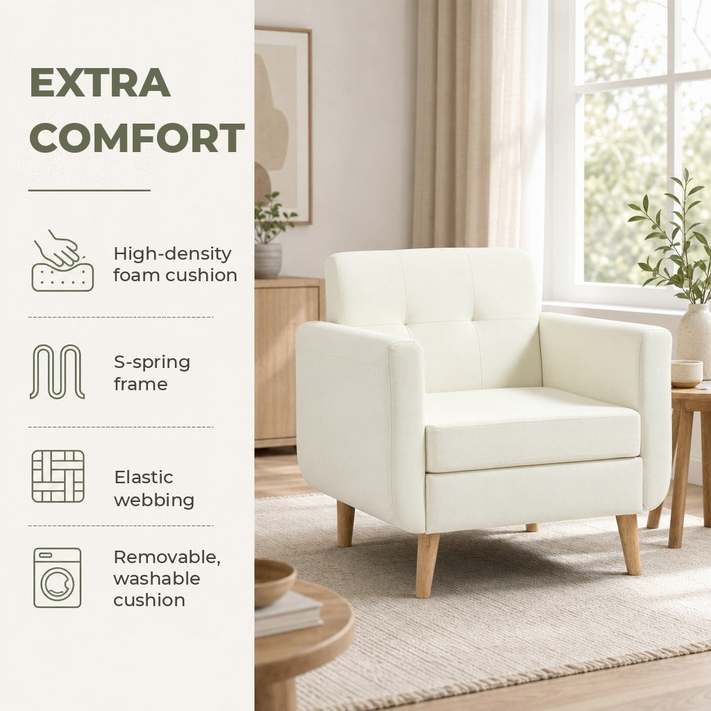 Poltrona Sala de Estar Moderna Poltrona Dormitório com Apoio para os Braços e Pés de Madeira Sofá Individual para Escritório Carga 125 kg 78x70x75 cm Creme — Características | Features