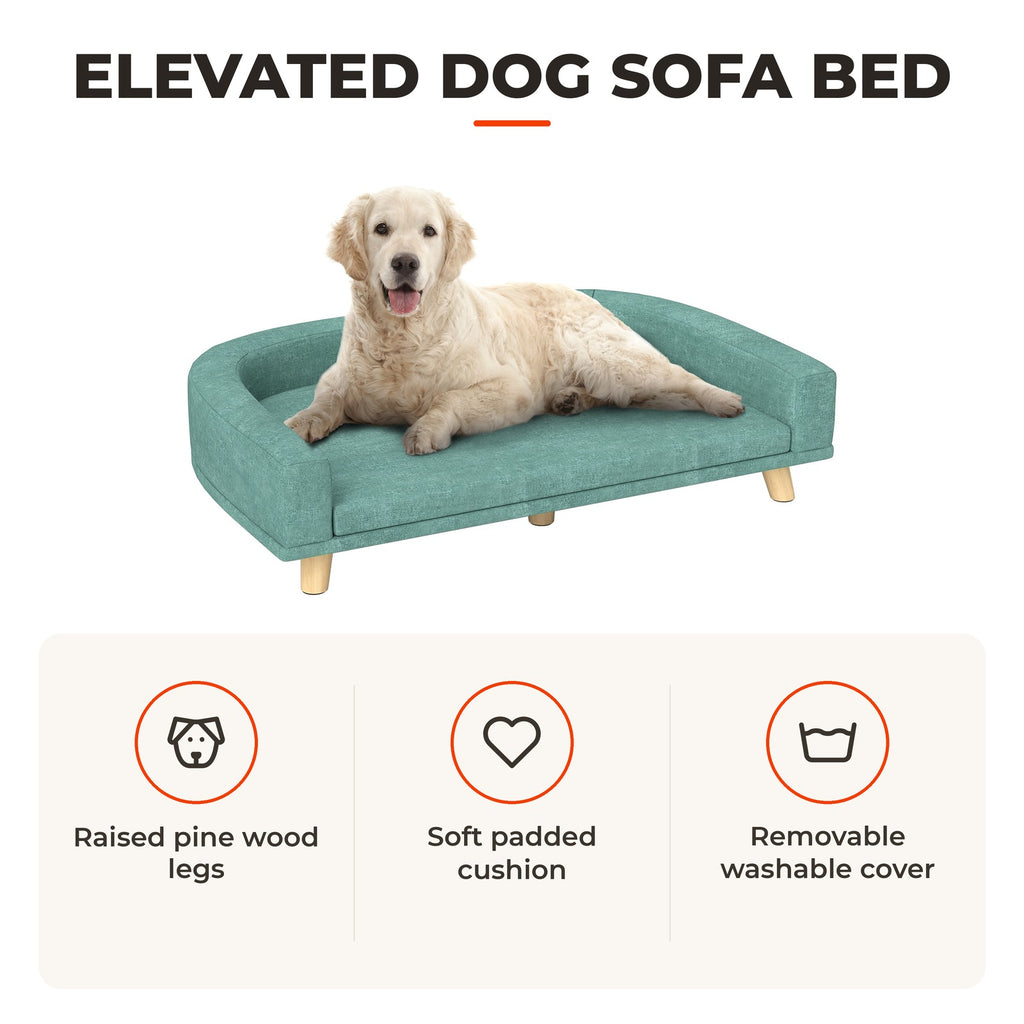 Sofá para Cães Cama Elevada para Cães Estofada com Almofada Lavável e Pés de Madeira de Pinho Carga Máxima 40 kg 98x67x25 cm Verde — Características | Features