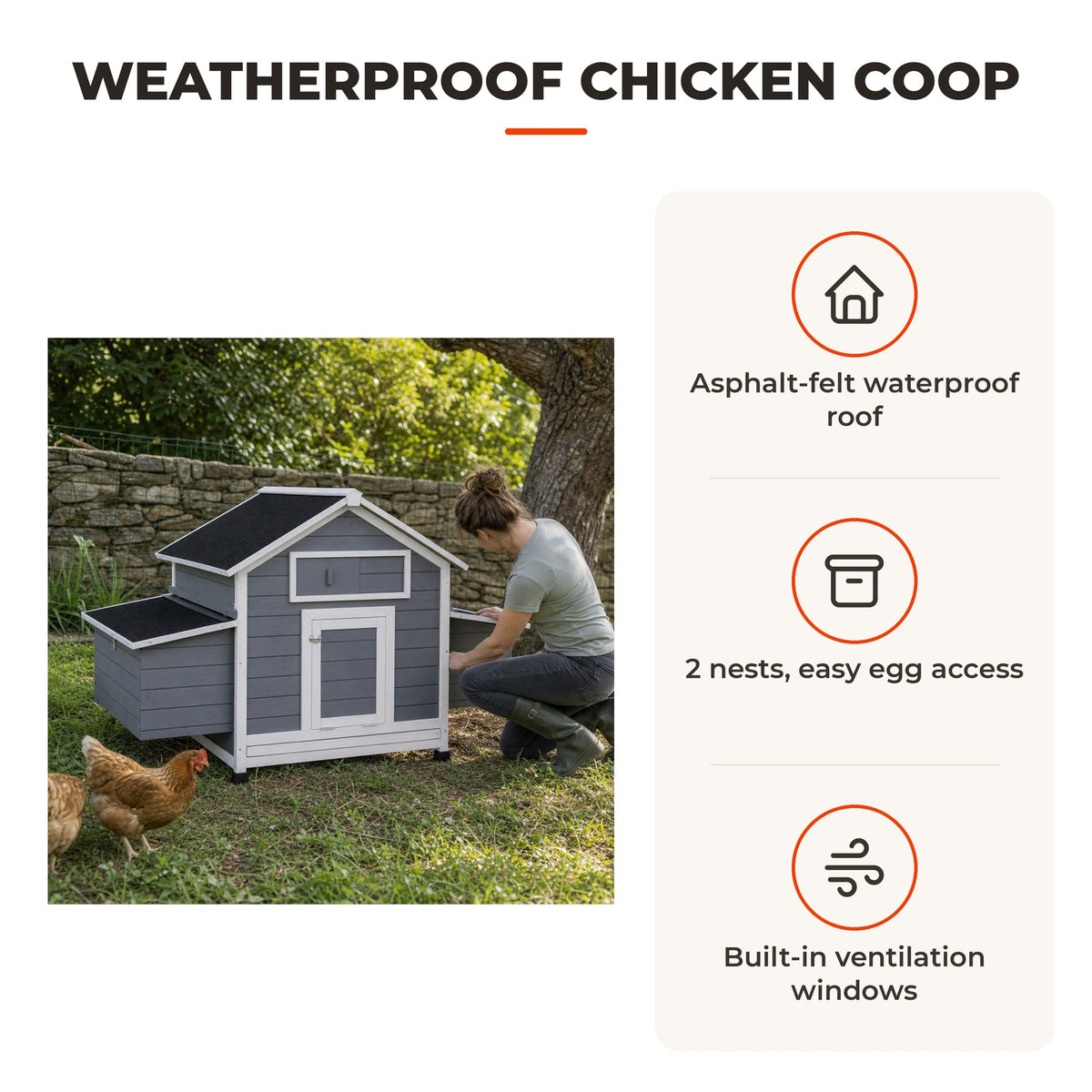 Galinheiro de Madeira para Exterior Casa para Galinhas com 2 Ninhos Bandeja Removível Poleiros Telhado Impermeáve, Casa para 2-4 Galinhas e Coelhos 150x100x96,5 cm Cinzento — Características | Features