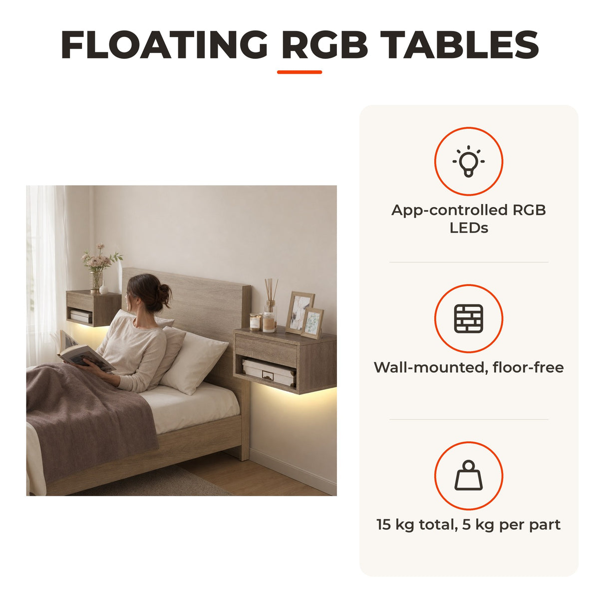 Conjunto de 2 Mesas de Cabeceira Flutuantes com Luzes LED RGB Controlo por APP Mesas de Cabeceira para Quarto com Gaveta Prateleira Aberta 37x32x21 cm Madeira — Características | Features
