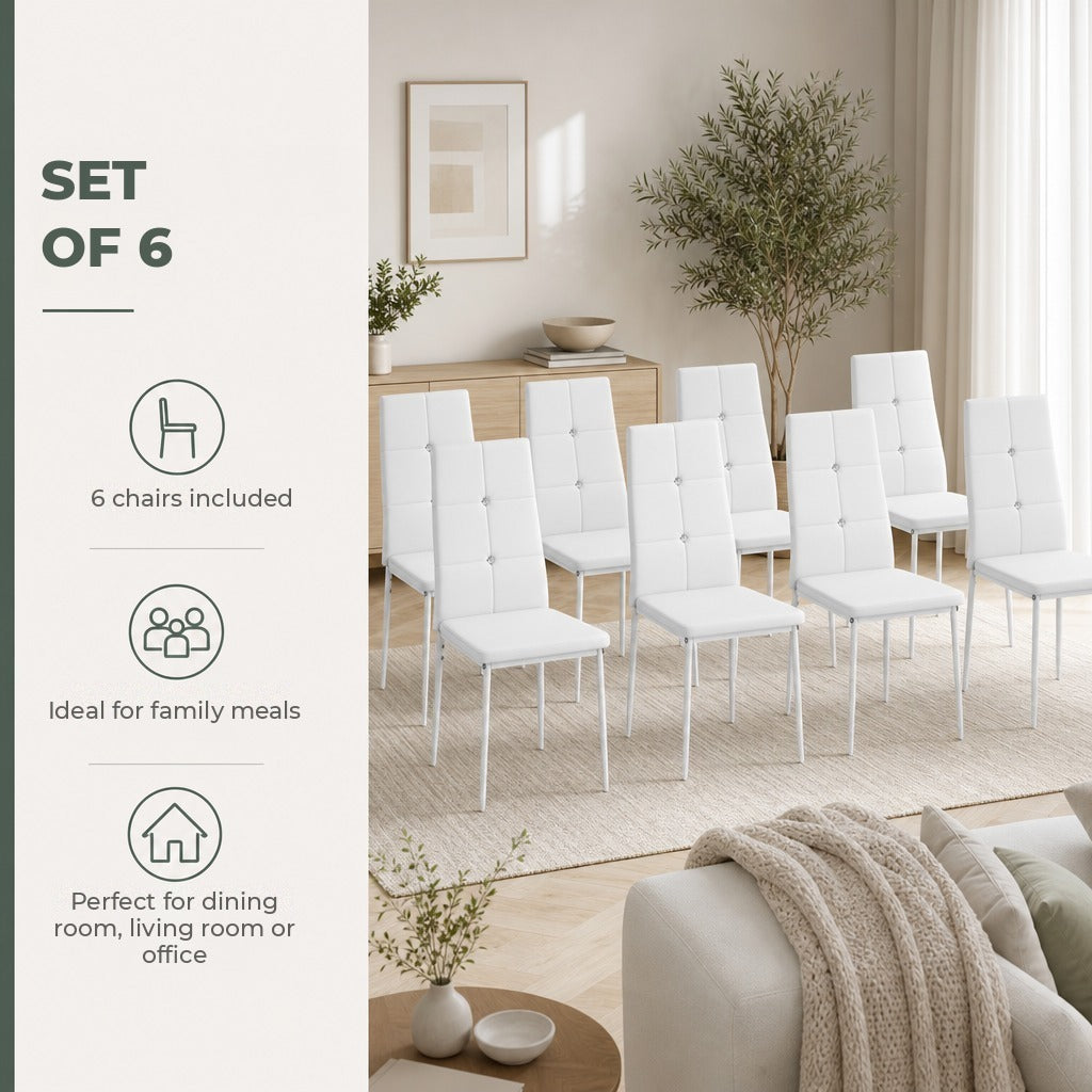 Conjunto de 6 Cadeiras de Sala de Jantar Estofadas em PU Cadeiras de Cozinha com Encosto Alto com Botões e Pernas de Aço Desenho Moderno para Sala de Estar Quarto 41x50x97 cm — Características | Features