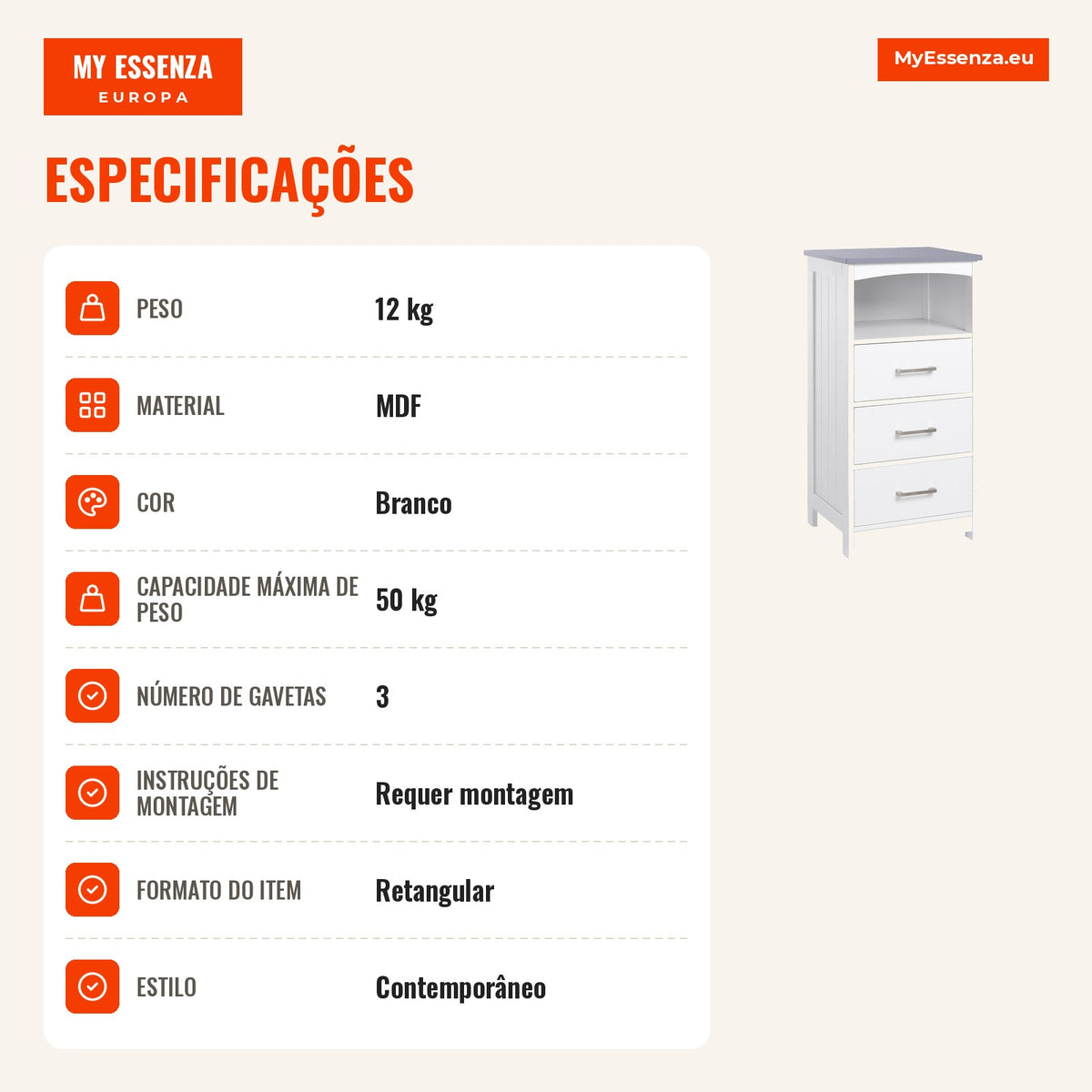 Móvel de Casa de Banho com Pés Móvel de Arrumação com 3 Gavetas e 1 Prateleira 40x33x80 cm Branco — infografia 3