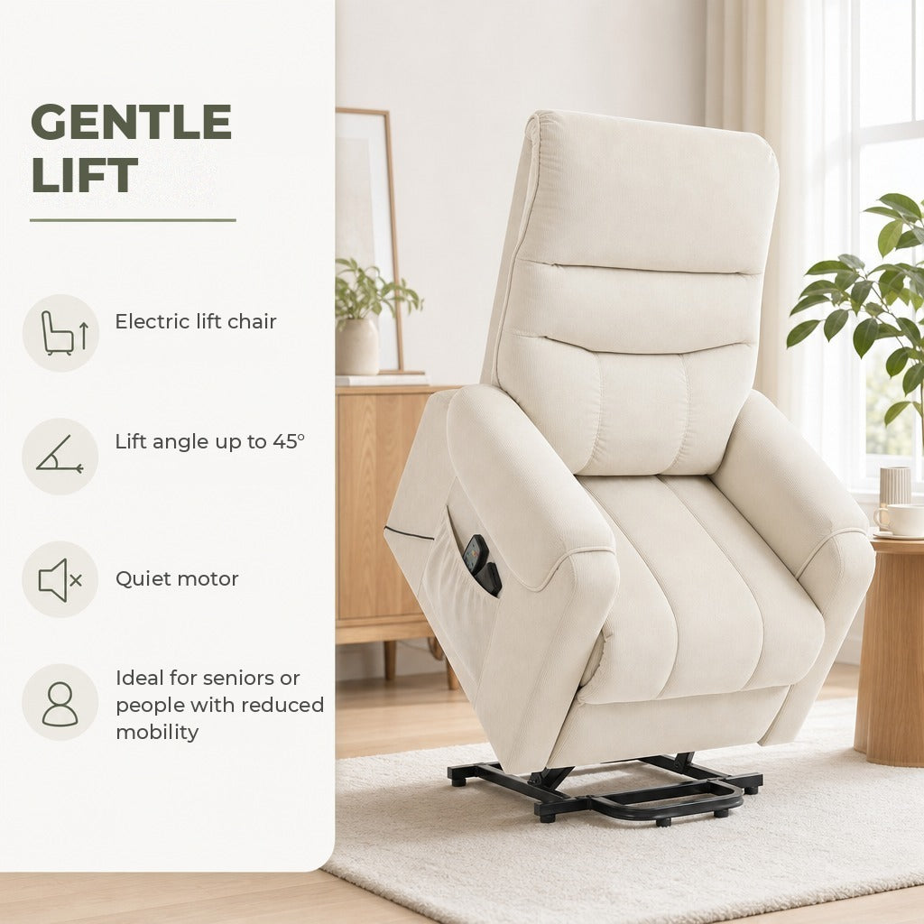 Poltrona de Massagem Relax Poltrona Levanta Pessoas com Reclinação Elétrica em até 135° com Controle Remoto e 8 Zonas de Massagem Estofado em Veludo Cotelê e Acolchoada 83x92x110 — Características | Features