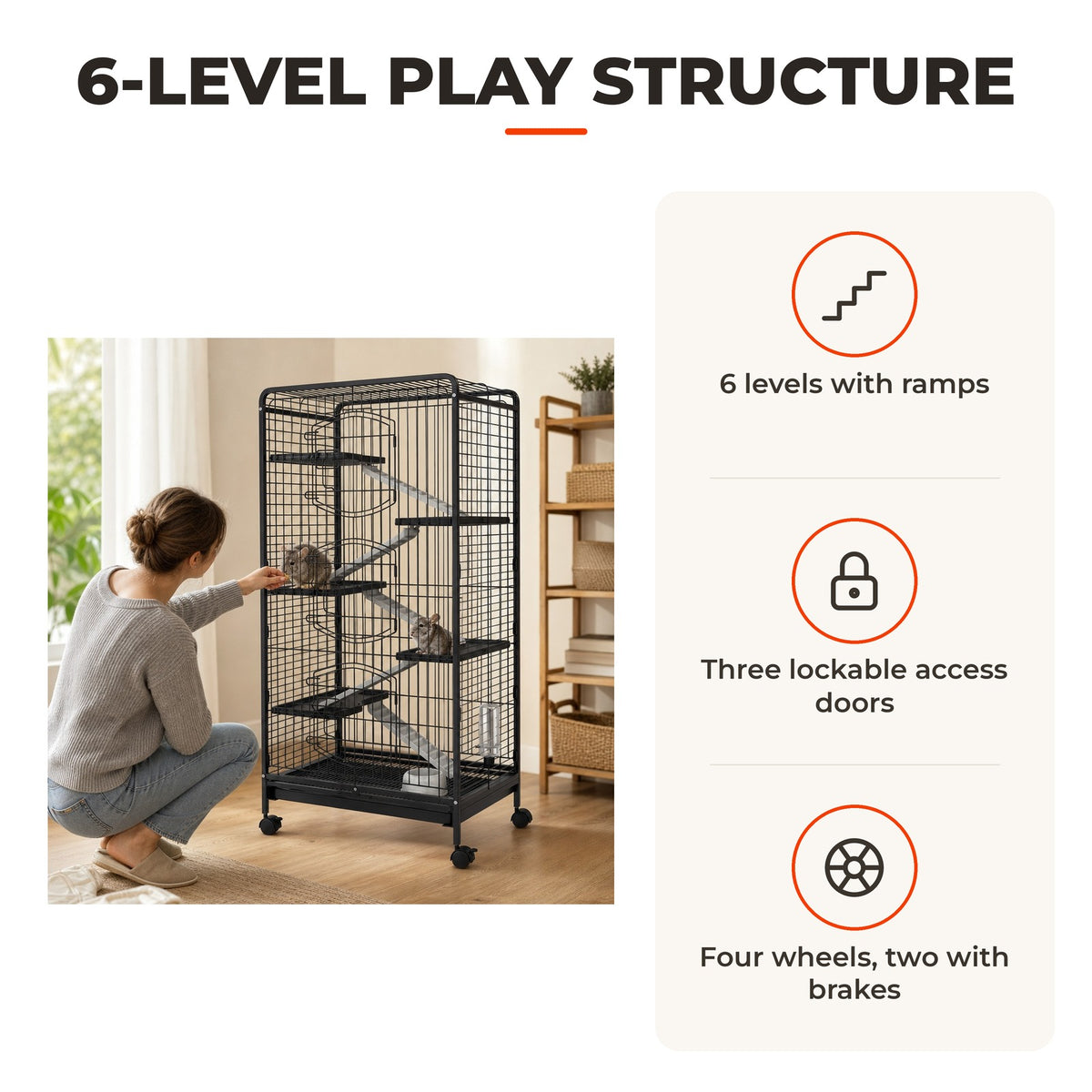 Gaiola para Pequenos Animais com 6 Níveis Gaiola para Roedores com Rodas Rampa Comedouro Bebedouro e Bandeja Amovível para Coelhos Chinchila 61,5x44x131 cm Preto — Características | Features