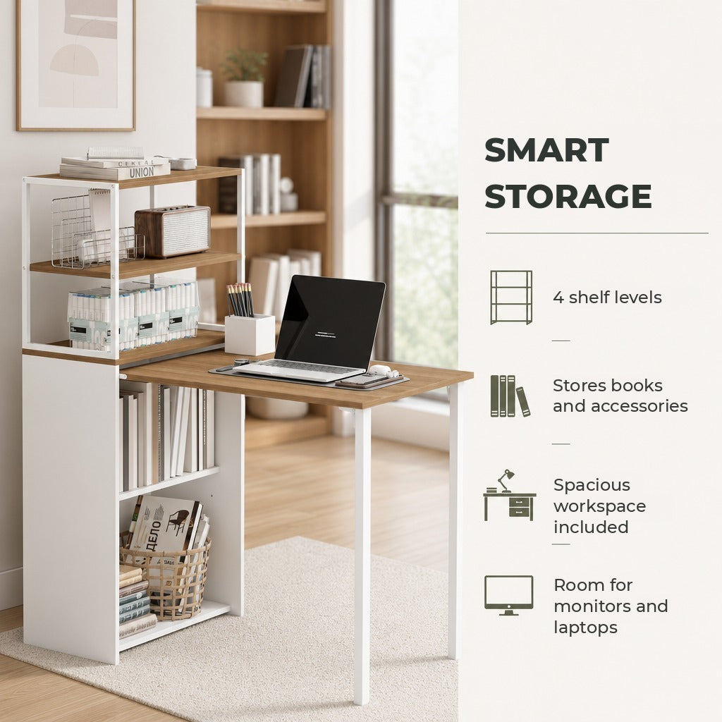 Secretária Dobrável com Estante Mesa de Secretária com 4 Prateleiras Mesa de Computador para Espaços Pequenos Estúdio, Escritório em Casa 105x60x127 cm Madeira — Características | Features