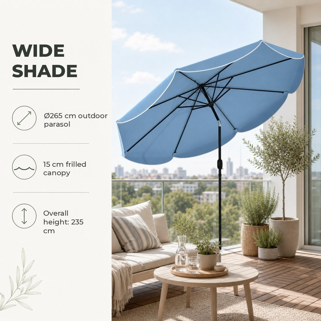 Chapéu de Sol para Jardim Ø2,7 m com Inclinação Ajustável, Manivela e Volante Azul Celeste — Características | Features
