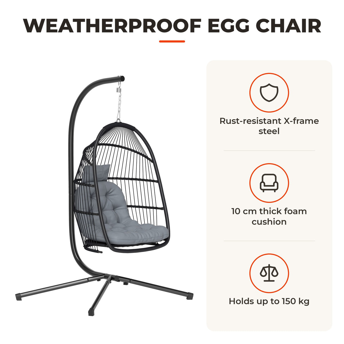Cadeira Suspensa Tipo Ovo com Estrutura Baloiço de Jardim Exterior com Cesta Dobrável Almofada Anti-UV e Apoio de Cabeça Removível para Interior e Exterior, Suporta 150 kg — Características | Features