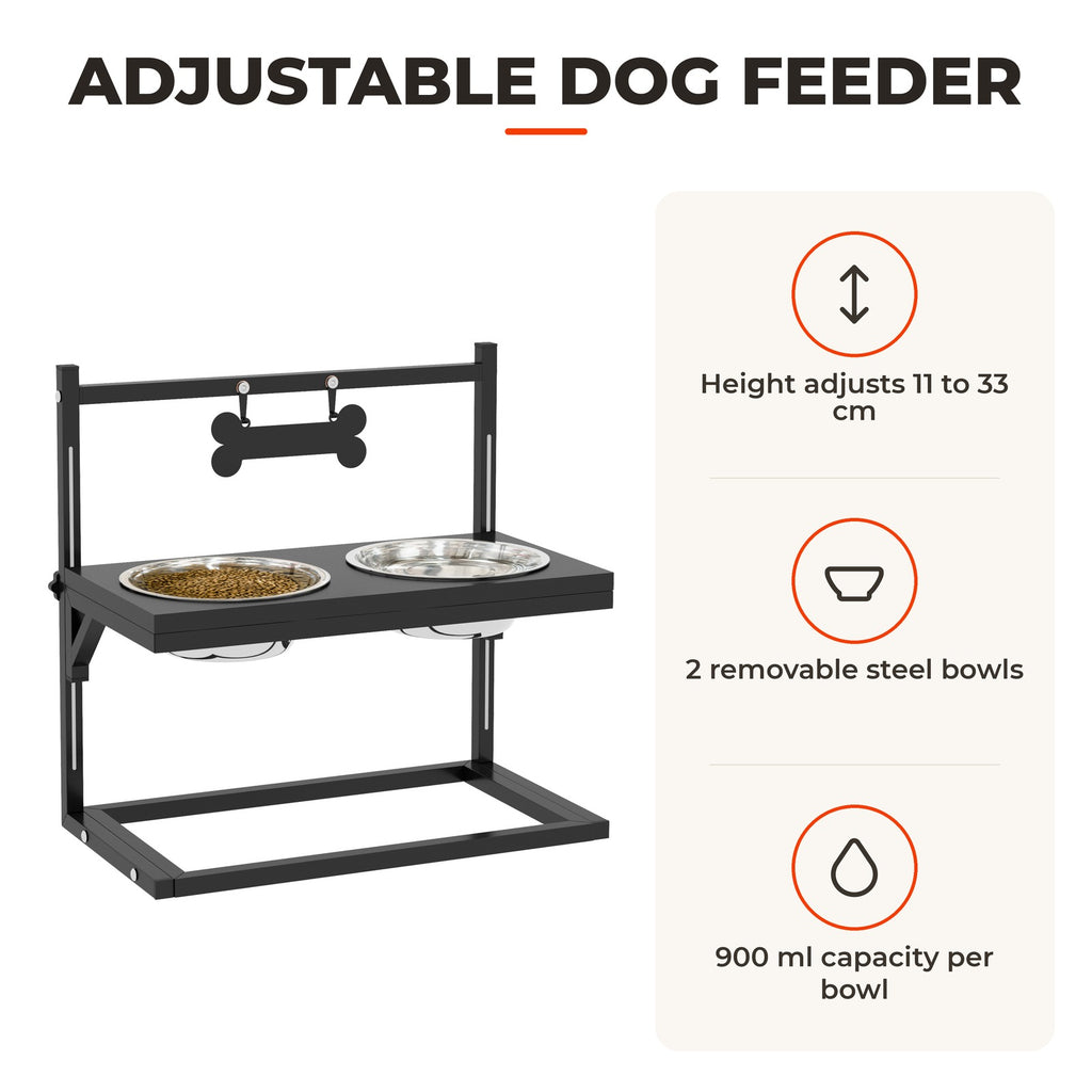 Comedouro Elevado para Cães Alimentador para Cães com 2 Tigelas de Aço Inoxidável com Altura Ajustável e 1 Peça de Metal com Formato de Osso 40,5x22x39 cm Preto — Características | Features