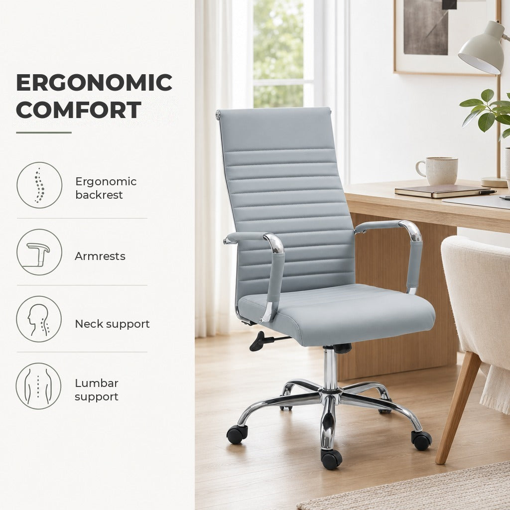Cadeira de Escritório Giratoria 360° Inclinável com Altura Ajustável Rodas Apoio de Braços 54x62x104-114 cm Cinzento Claro — Características | Features