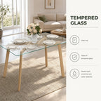 Mesa de Jantar Retangular Mesa de Cozinha Moderna para 6 Pessoas com Pernas de Aço e Superfície de Vidro Temperado 150x75x76 cm Transparente e Madeira — Características | Features