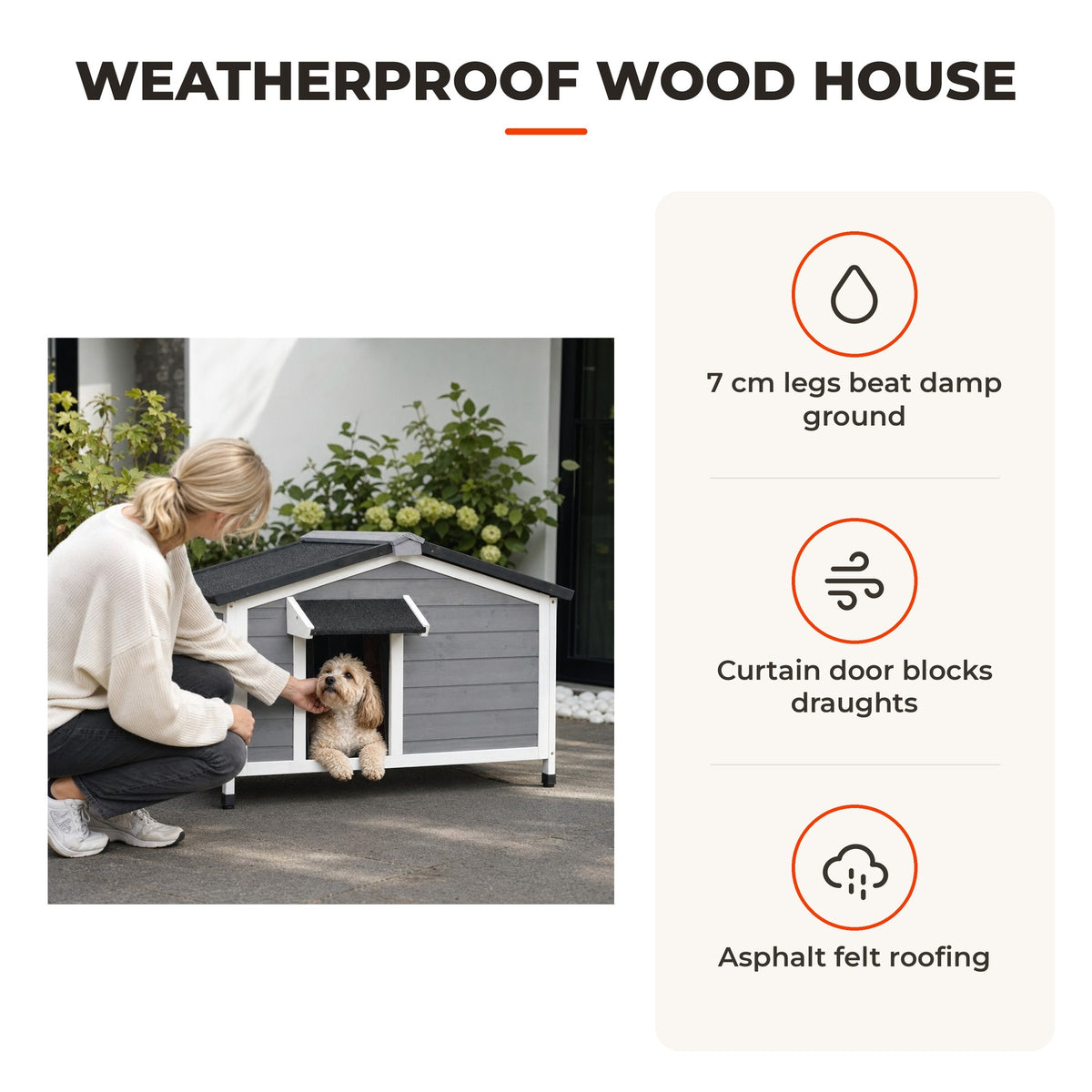 Casa para Cães de Madeira 97x72x65 cm Casa para Animais de Estimação com Teto Asfáltico 2 Janelas Porta com Cortina e Base Amovível Cinza — Características | Features