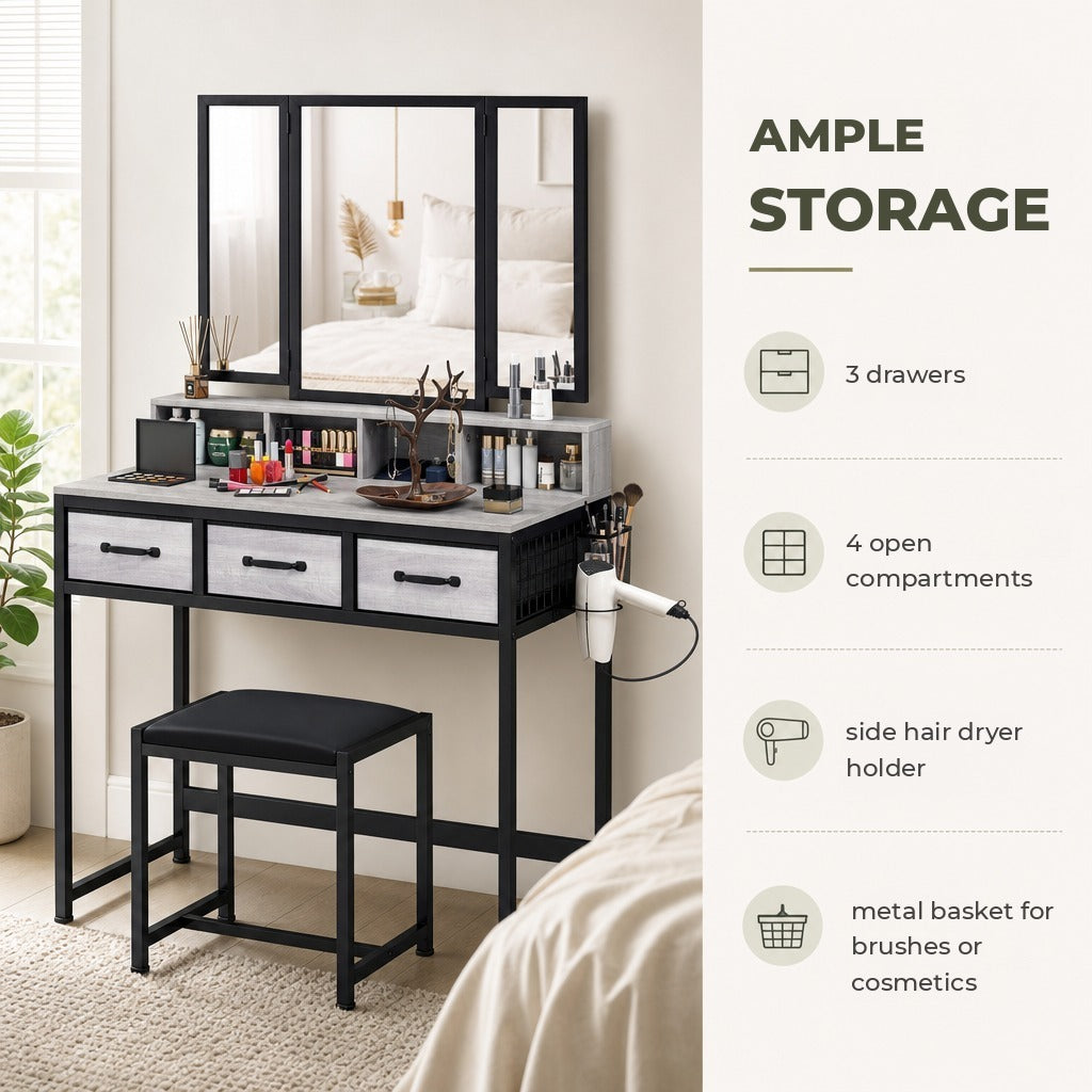 Toucador de Maquilhagem com Espelho Tríptico Removível, Banco 3 Gavetas em Tecido Prateleiras Suporte para Secador Cesto Metálico para Quarto ou Closet 90x40x141 cm Cinzento — Características | Features