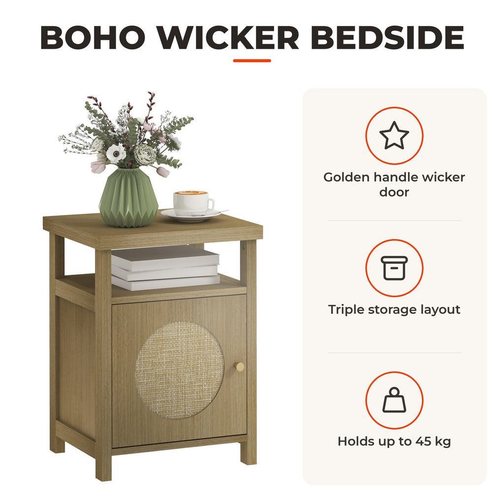 Mesa de Cabeceira com Porta de Vime Mesa de Cabeceira com Prateleira Aberta e Compartimento Móvel Auxiliar para Quarto Sala 40x35x55 cm Madeira — Características | Features