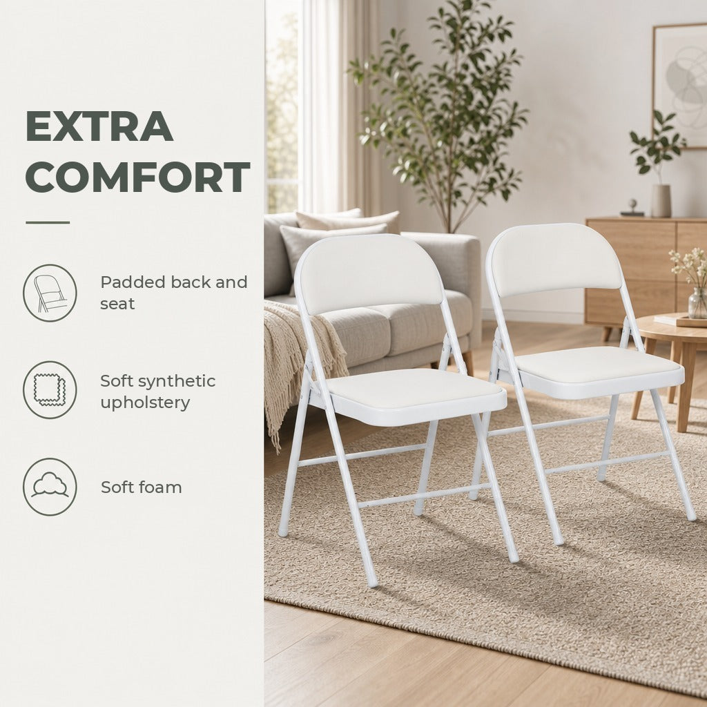Conjunto de 2 Cadeiras Dobráveis Cadeiras Dobráveis com Encosto e Estrutura de Aço para Sala de Estar Escritório Estúdio 45x46x78 cm Branco — Características | Features