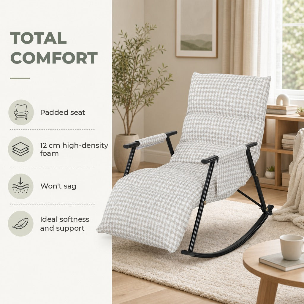 Poltrona Baloiço com Encosto e Apoia-Pés Ajustáveis Poltrona Baloiço 105° Estofada em Linho com Bolso Lateral e Estrutura de Metal Suporta 120 kg para Quarto Sala Cinzento e Branco — Características | Features