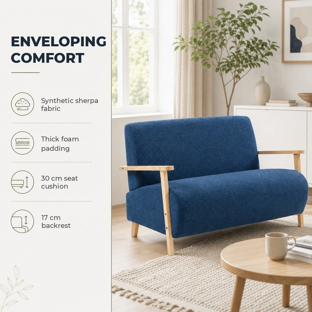 Sofá de 2 Lugares Estofado em Borreguito Sofá de Sala de Estar de 118 cm com Acolchoado Espesso Apoios de Braço e Pés de Madeira para Quarto Sala de Estar 118x76x78 cm Azul — Características | Features