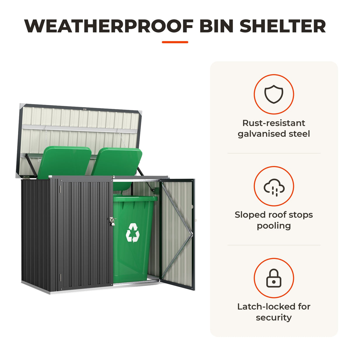 Abrigo para Contentores de Lixo Duplo Casota para Contentores de Lixo de 240L em Aço Galvanizado com Tampa Dobrável e Portas com Fecho para Jardim Exterior 150x80x117 cm Cinzento — Características | Features