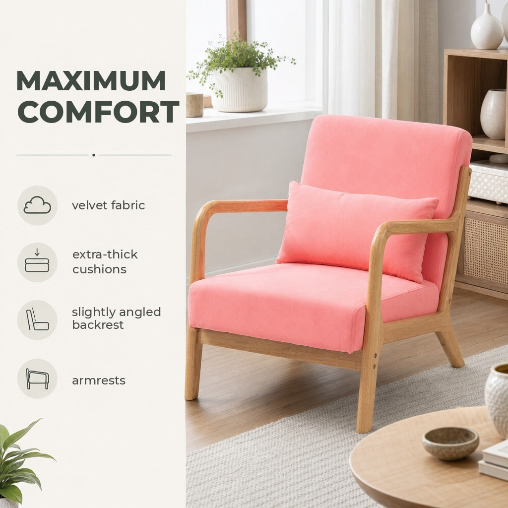 Poltrona Sala de Estar Nórdica Poltrona Individual Acolchoada com Apoio para os Braços e Estrutura de Madeira de Borracha para Dormitório Carga 120 kg 61x78x76 cm Rosa — Características | Features