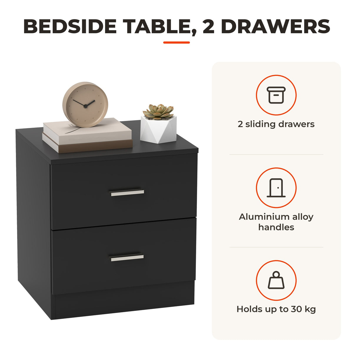 Mesa de Cabeceira Moderna Mesa de Cabeceira com 2 Gavetas Mesa Auxiliar para Sala Quarto Capacidade 30 kg 45x39,5x49 cm Preto — Características | Features