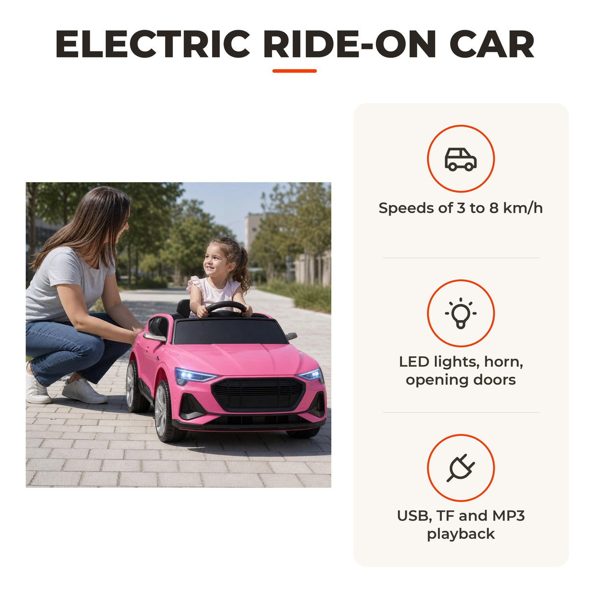 Carro Elétrico Audi E-Tron 12V para Crianças acima de 3 Anos com Controle Remoto Faróis Buzina Música MP3 TF USB e Abertura da Porta 3-8km/h 108x60x47 cm Rosa — Características | Features