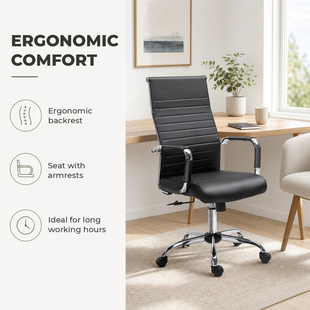 Cadeira de Escritório Ergonômica Giratoria 360° Inclinável com Altura Ajustável Rodas Apoio de Braços 54x62x104-114 cm Preto — Características | Features
