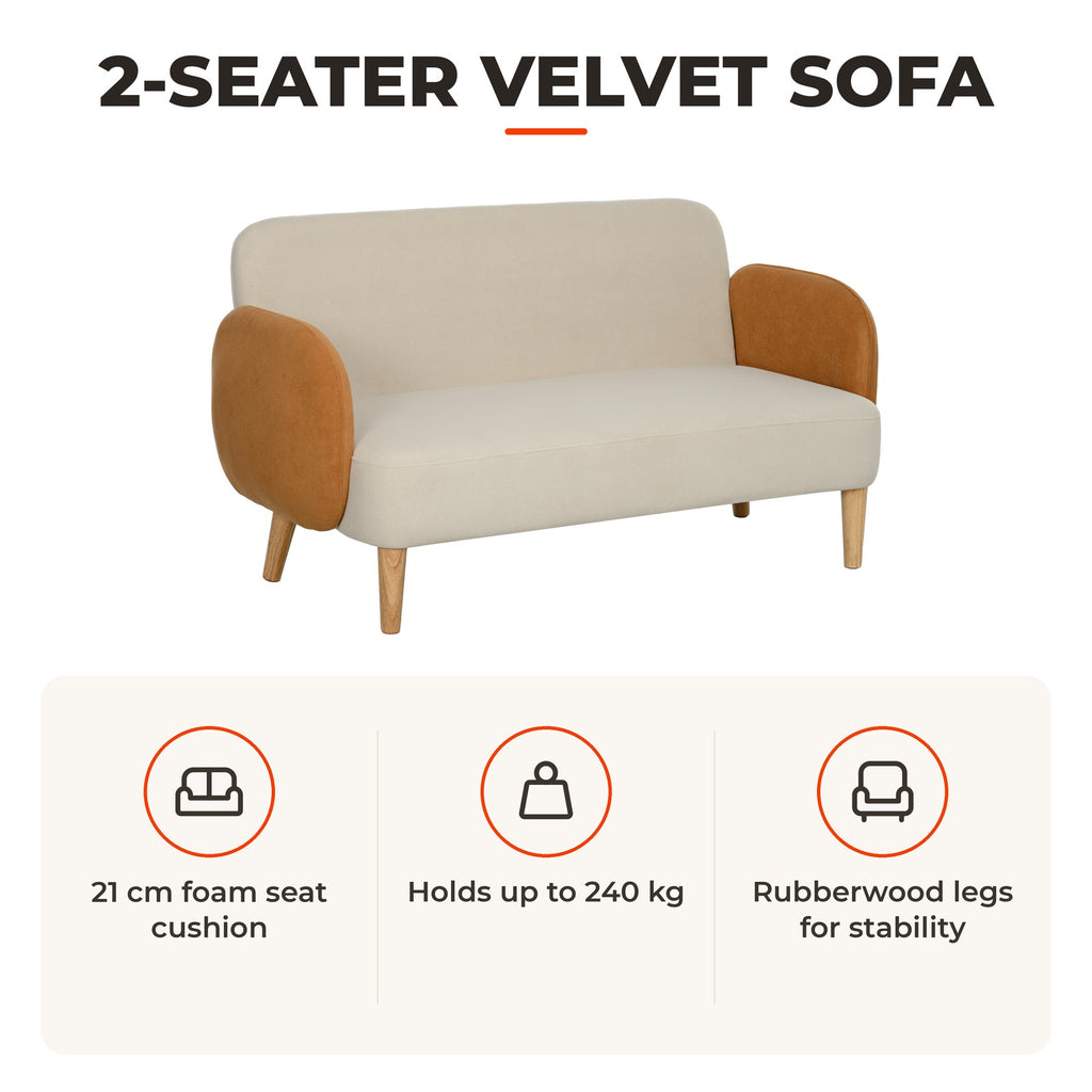 Sofá de 2 Lugares Estofado em Veludo Sofá de Sala de Estar com Apoio para os Braços e Pés de Madeira Sofá Pequeno Carga 240 kg para Dormitório Escritório 130x74x76 cm Bege e Ocre — Características | Features