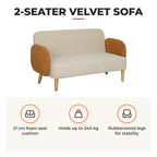 Sofá de 2 Lugares Estofado em Veludo Sofá de Sala de Estar com Apoio para os Braços e Pés de Madeira Sofá Pequeno Carga 240 kg para Dormitório Escritório 130x74x76 cm Bege e Ocre — Características | Features